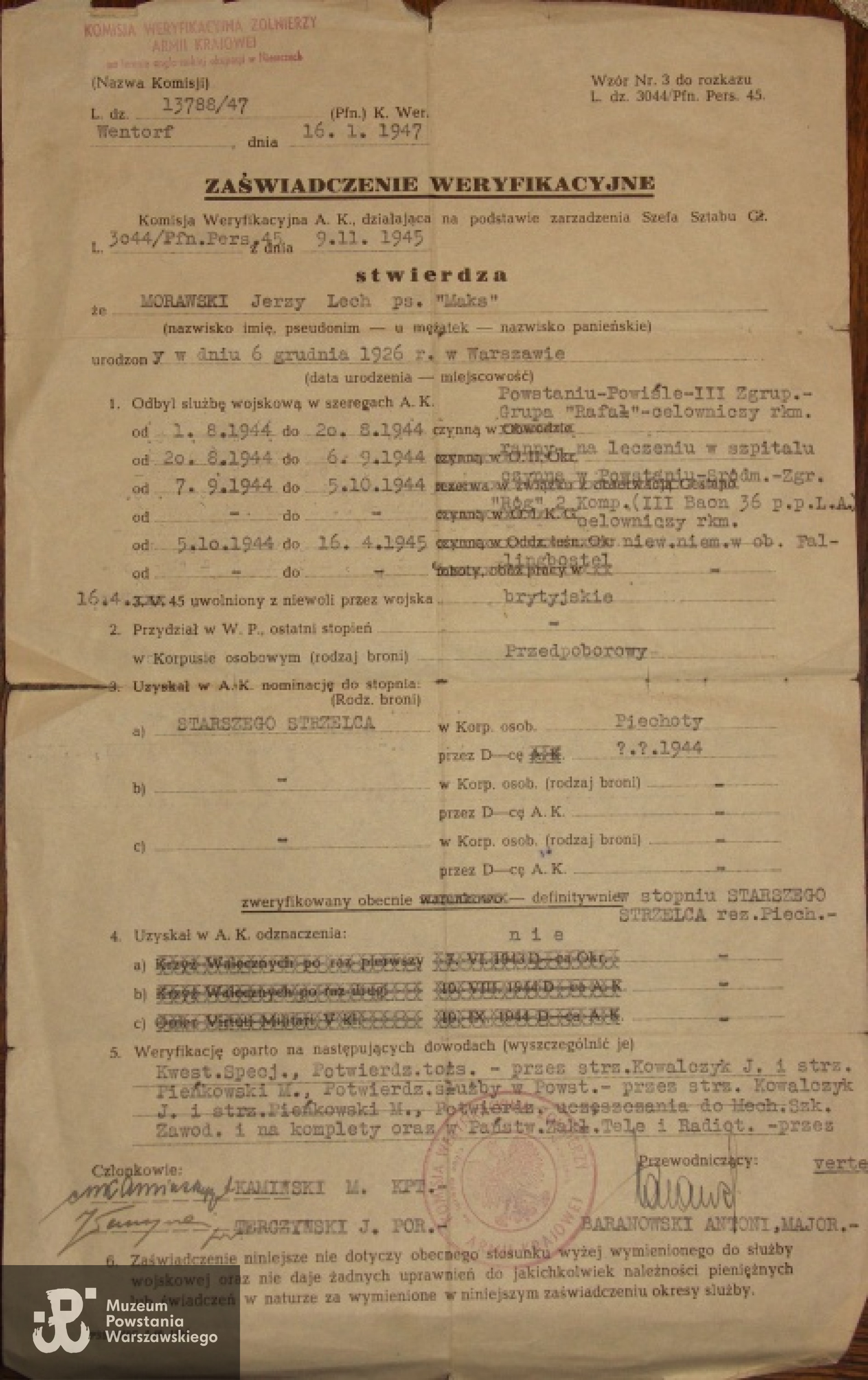 Zaświadczenie weryfikacyjne. Fot.: archiwum rodzinne