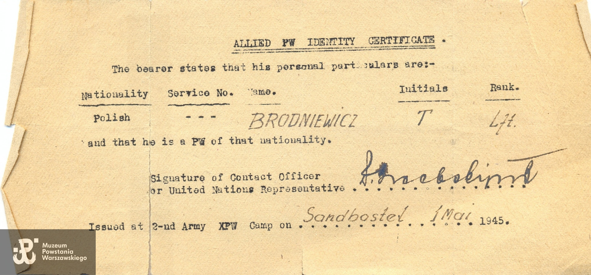 Allied PW Identity Certificate. Fot. archiwum rodzinne