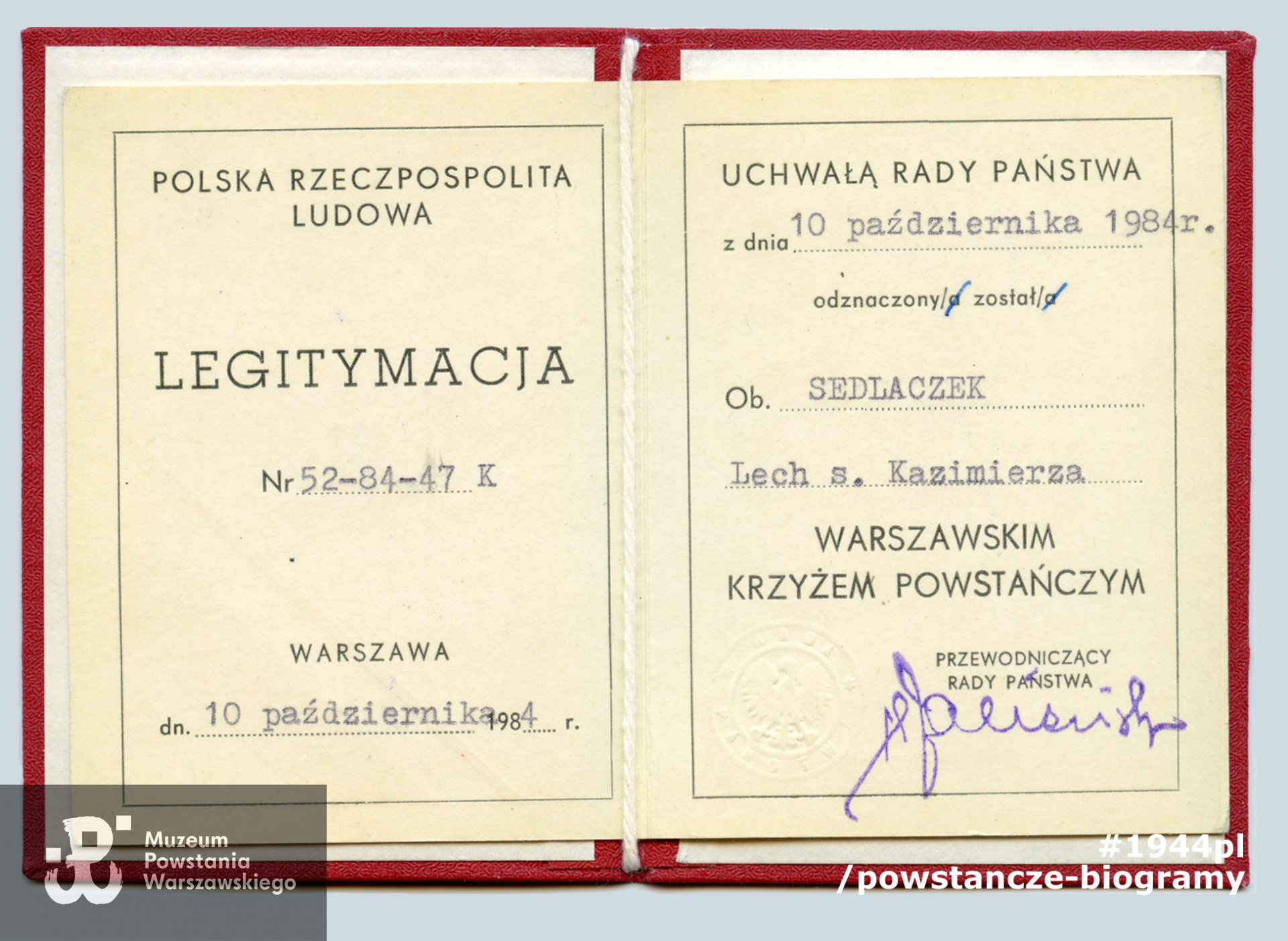 Legitymacja odznaczeniowa - Warszawski Krzyż Powstańczy. Z archiwum rodzinnego p. Lecha Sedlaczka ps. Hak