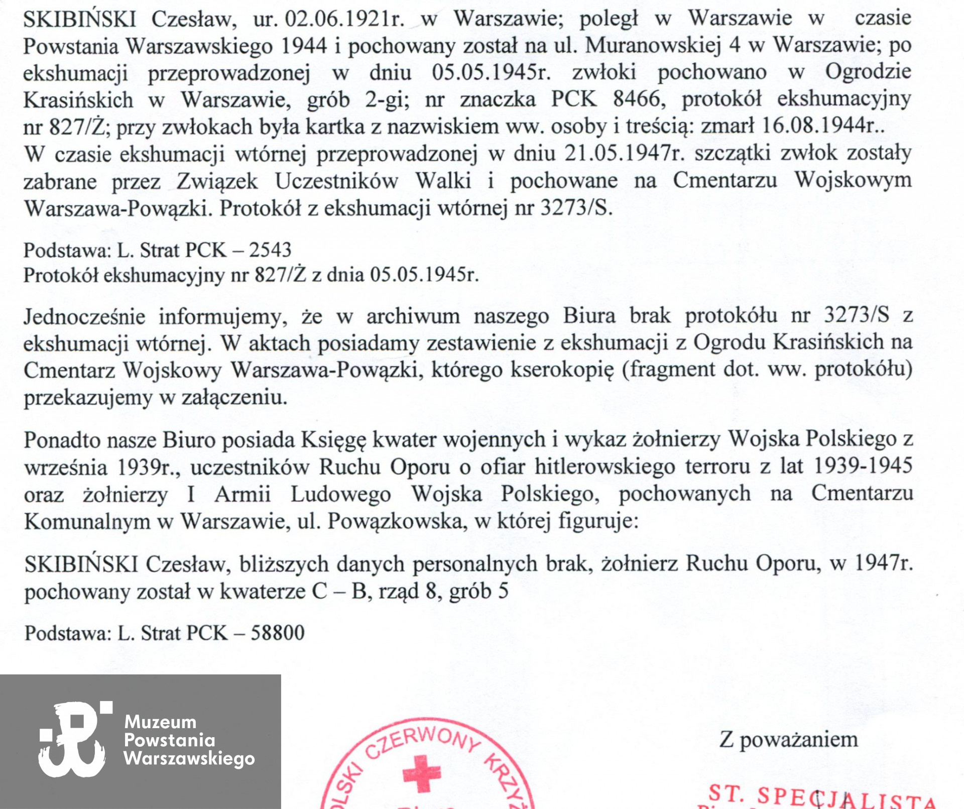 Wyciąg z dokumentów. Fragment pisma Biura Informacji i Poszukiwań  Polskiego Czerwonego Krzyża - 2014 r. Materiały do Słownika Biograficznego Uczestników PW.
