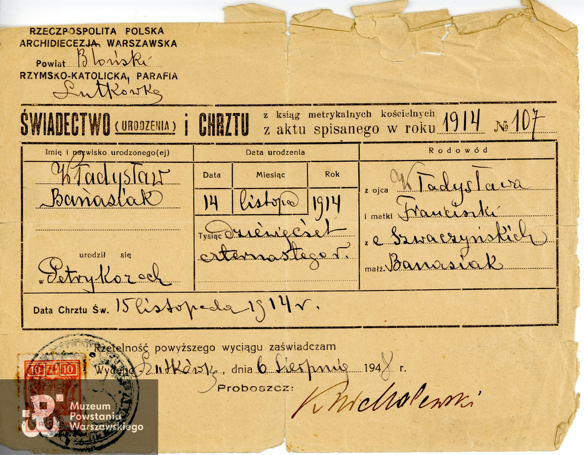 Odpis metryki Władysława Banasiaka. Zbiory Muzeum Powstania Warszawskiego; sygn. MPW-A-9668.