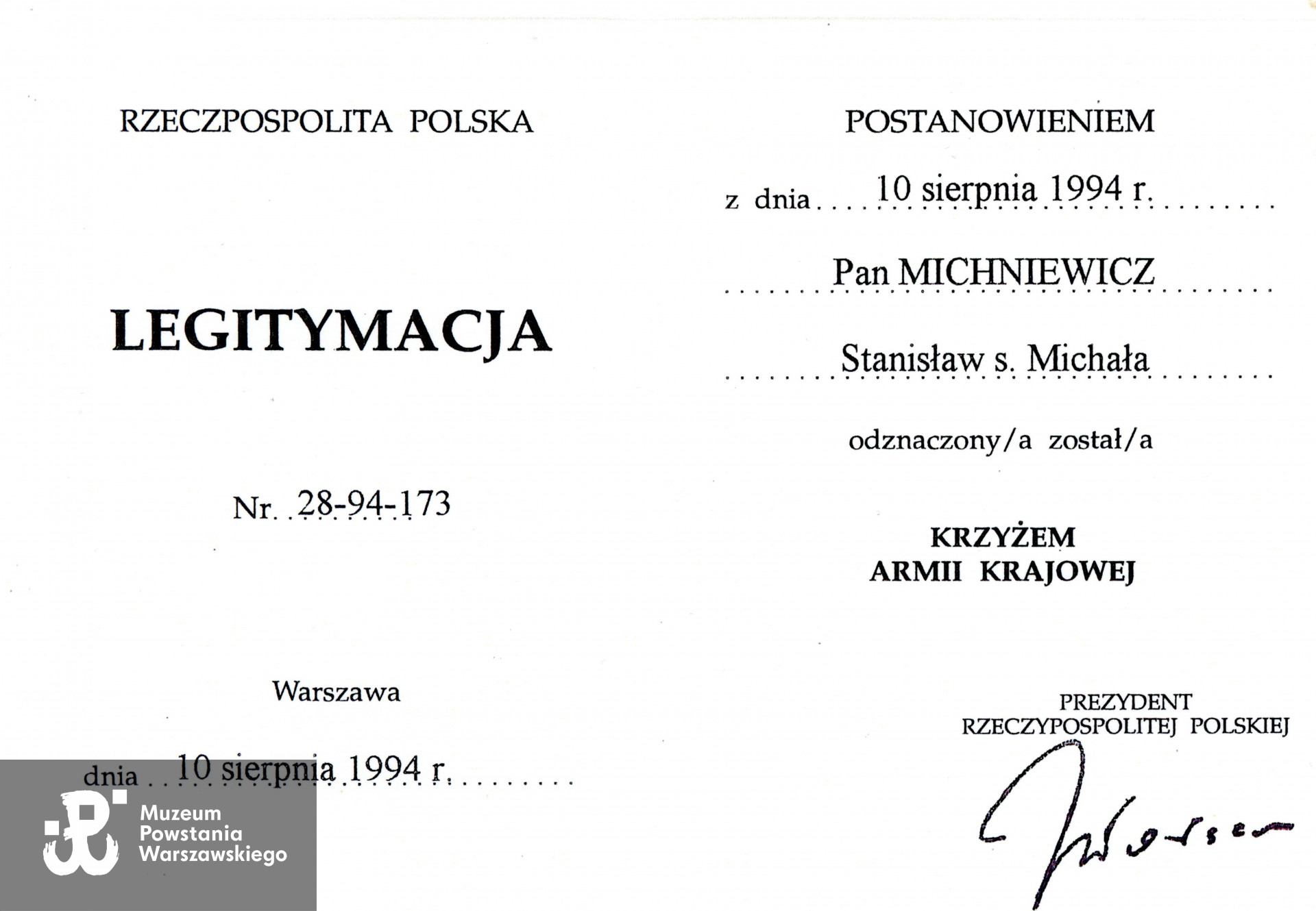 Muzeum Powstania Warszawskiego, Teczki personalne uczestników Powstania Warszawskiego: Michniewicz Stanisław Kazimierz ps. Żbik, skan z kserokopii przekazanej przez córkę Powstańca