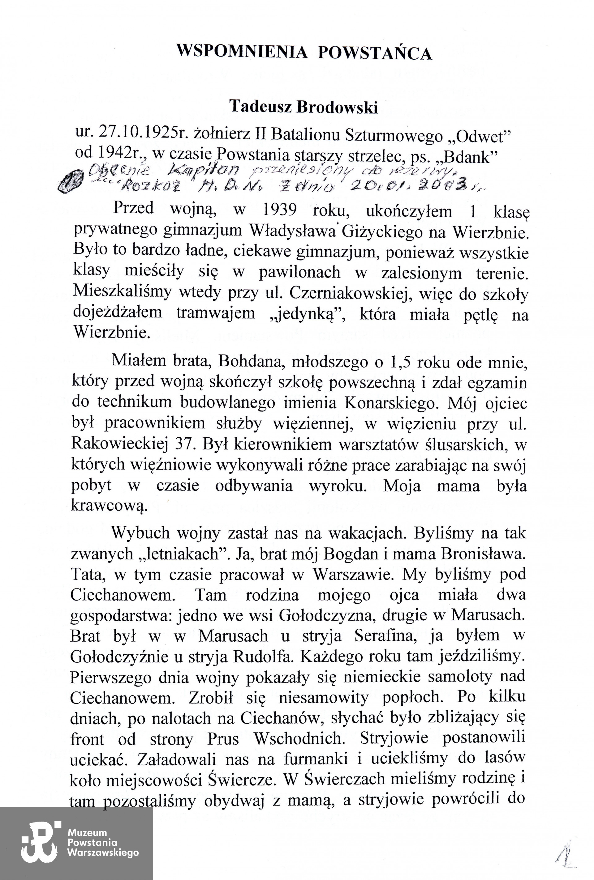 Fragment wspomnień autorstwa Tadeusza Brodowskiego. Z archiwum prywatnego p. Tadeusza Brodowskiego, kopia w zbiorach MPW
