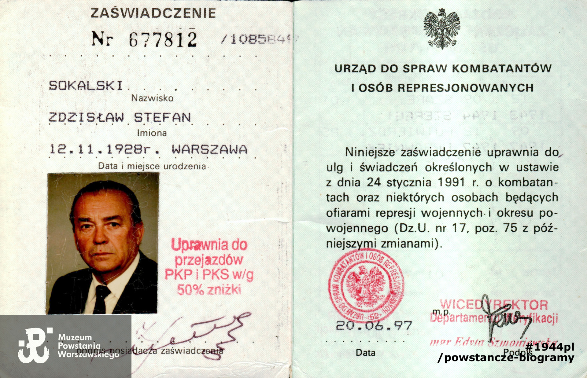 Legitymacja kombatancka  UdsKiOR. Z archiwum rodzinnego p. Zdzisława Sokalskiego, skany przesłane do Muzeum Powstania Warszawskiego  w styczniu 2022 r. 