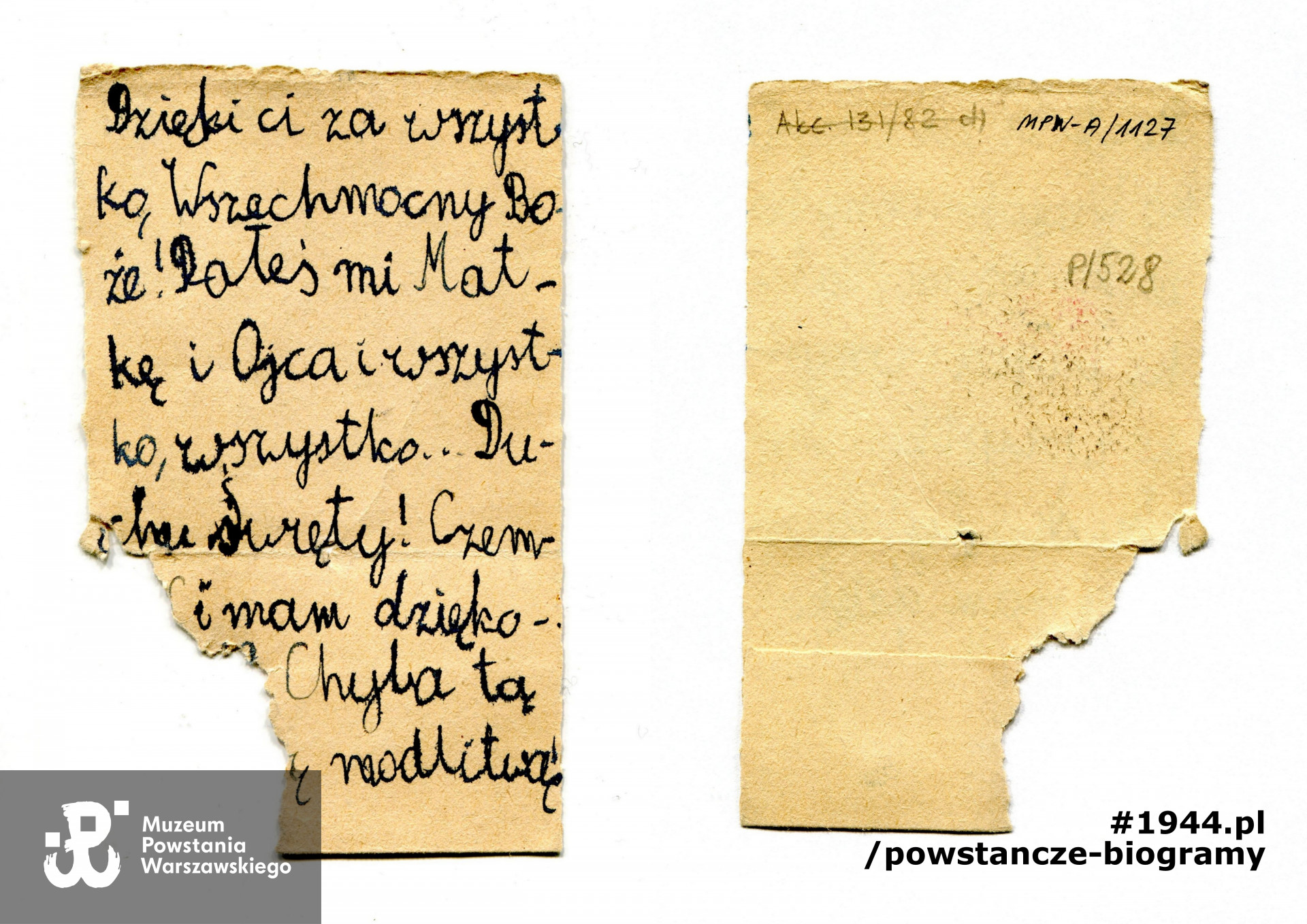 Modlitwa napisana przez Barbarę Sieroszewską dla ojca Władysława Sieroszewskiego, widoczny brak naroża. Ze zbiorów Muzeum Powstania Warszawskiego, sygn. MPW-A/1127 (P/528), dar Barbary Sieroszewskiej-Borowskiej