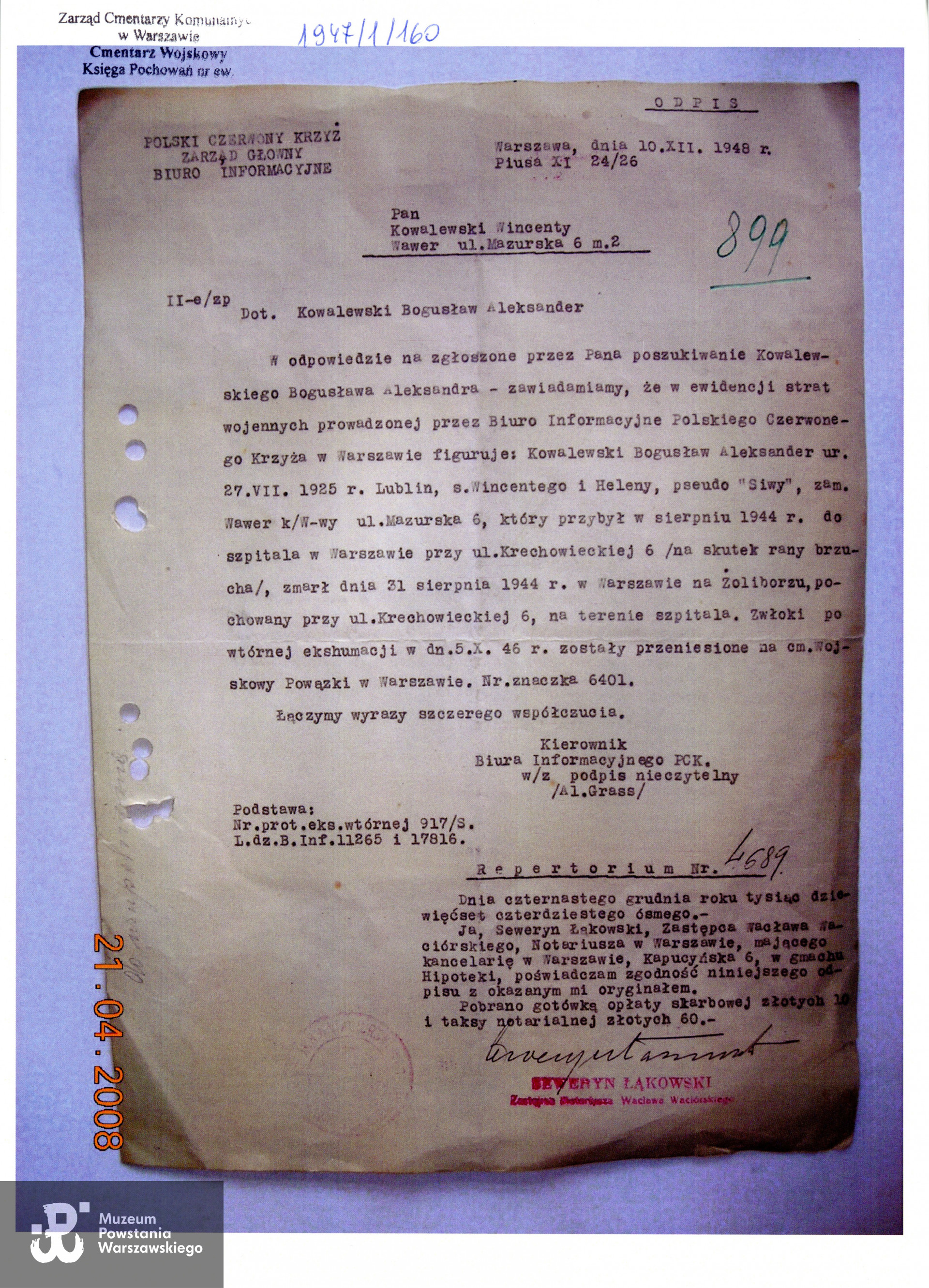 Muzeum Powstania Warszawskiego, Teczki personalne uczestników Powstania Warszawskiego: Kowalewski Bogusław "Siwy"