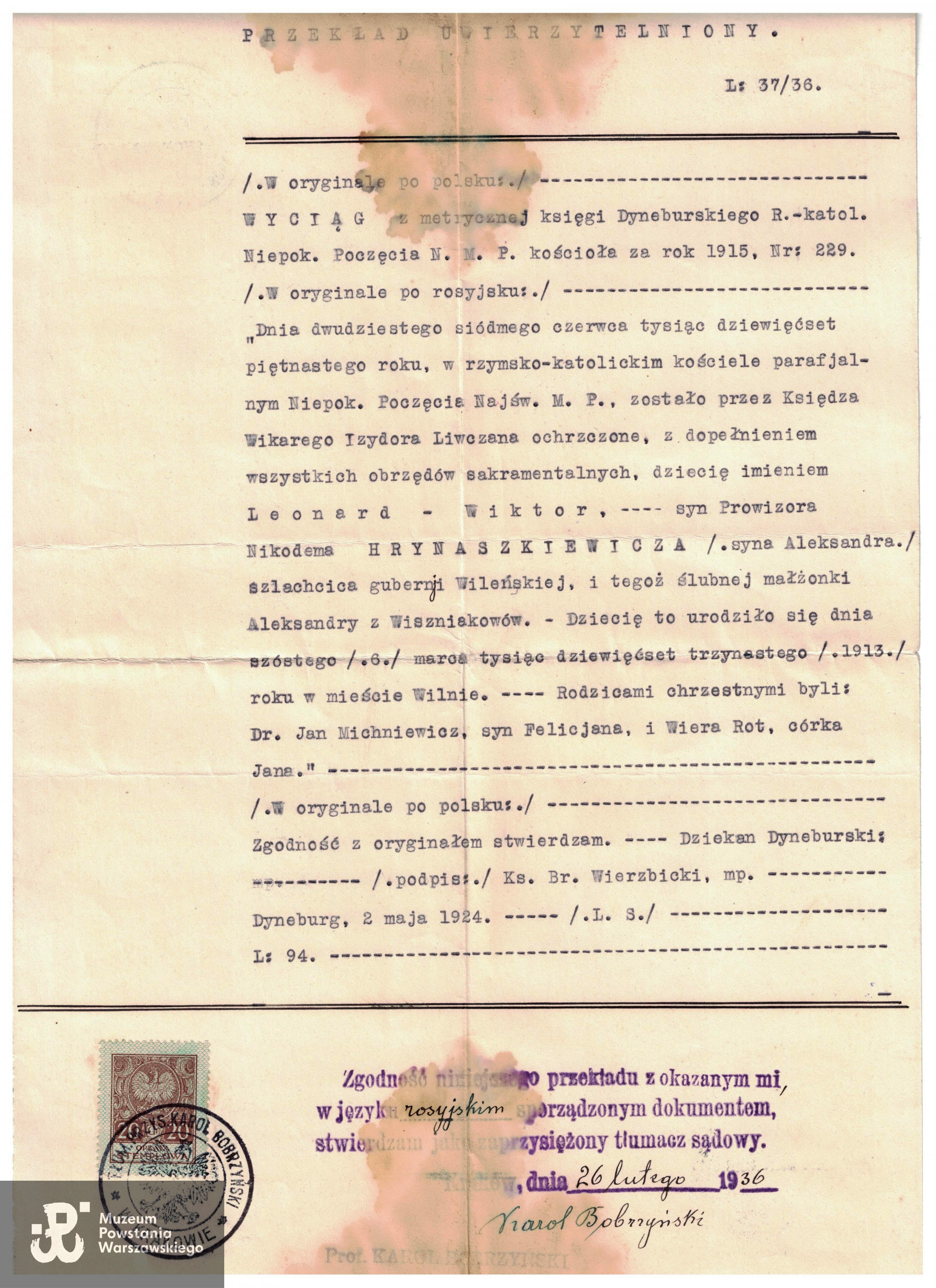 Odpis polskiego tłumaczenia z języka rosyjskiego metryki chrztuz  L. Hrynaszkiewicza (dokument z 1936 roku). Udostępnił p. Piotr Jaworski.