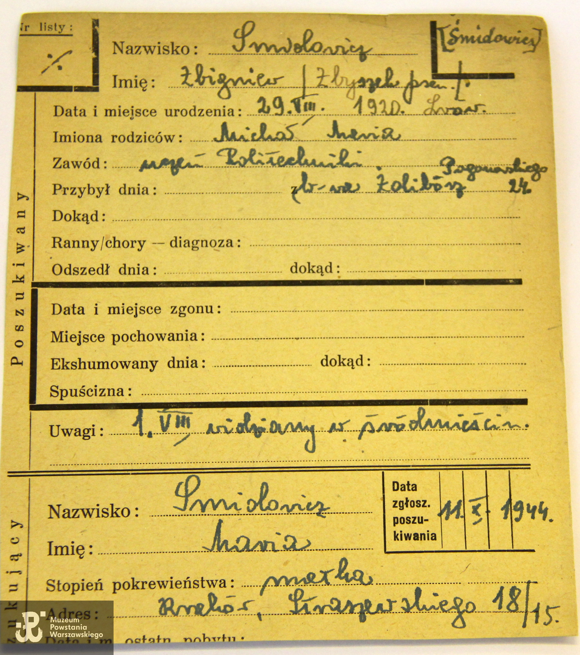 Polski Czerwony Krzyż - kartoteka ogólna Biura Informacji i Poszukiwań