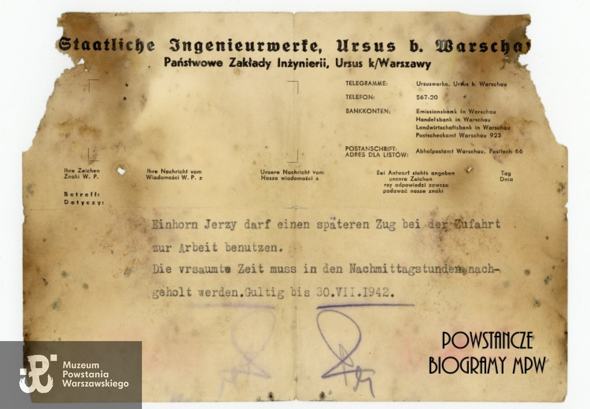 Dokument wystawiony w Państwowych Zakładach w Ursusie na nazwisko Jerzy Witold Einhorn. Ze zbiorów Muzeum Powstania Warszawskiego, sygn. P/7657