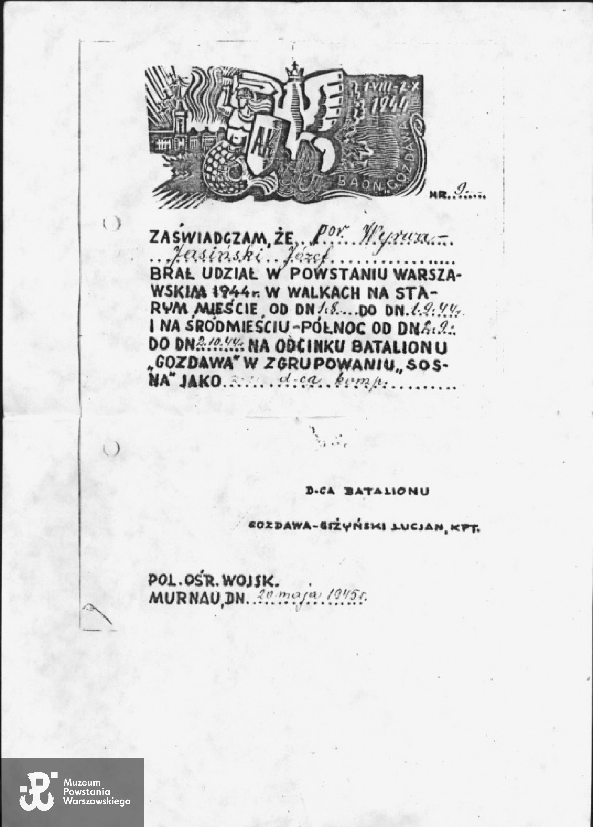 Zaświadczenie z winietą - 20.05.1945