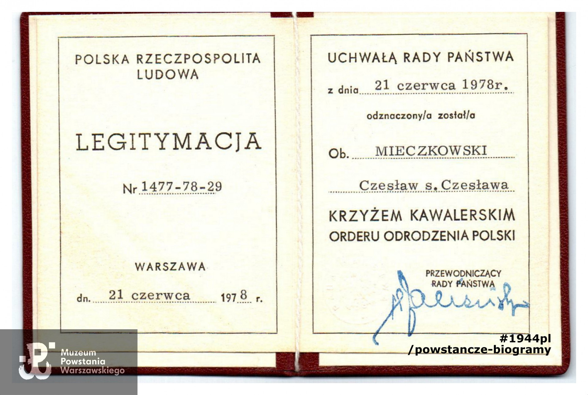 KKOOP - legitymacja odznaczeniowa. Dokument ze zbiorów rodzinnych. Skany wykonano w Pokoju Kombatanta MPW, 2019 r. 