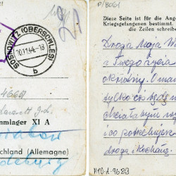 Karta pocztowa na zwrotnym blankiecie obozowym, napisana przez Halinę Zawartkową z Sosnowca do Wandy Śliwińskiej, jeńca Stalagu XI A Altengrabow. Zbiory Muzeum Powstania Warszawskiego; sygn. MPW-A-9689.