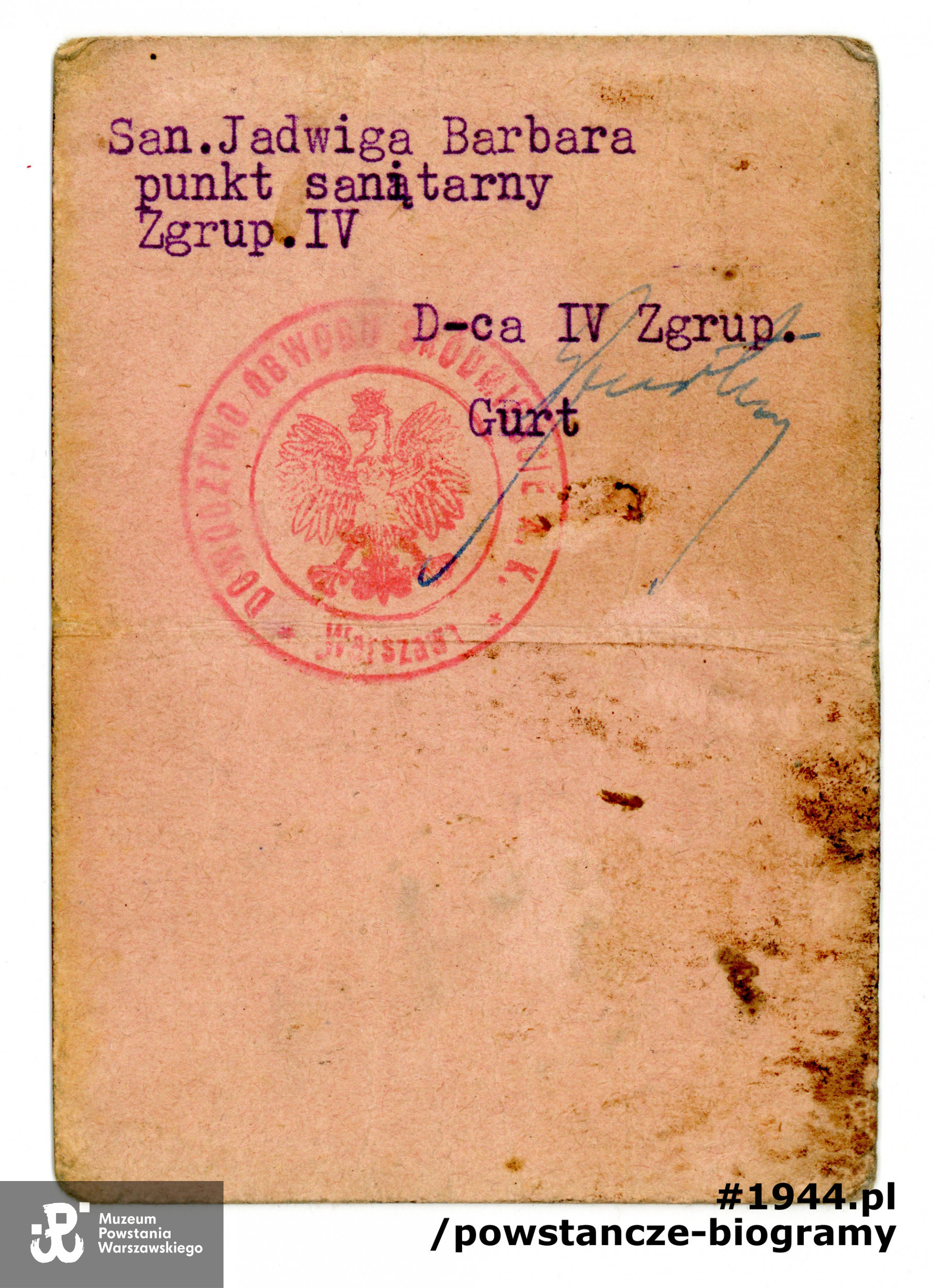 Należąca do Jadwigi legitymacja Armii Krajowej - rewers dokumentu. Dokument z archiwum rodzinnego p. Feliksa Krzywickiego