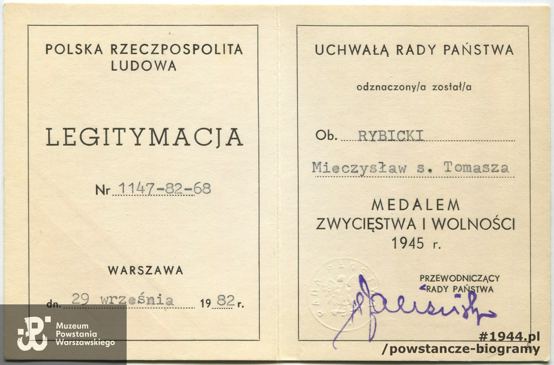 Legitymacja odznaczeniowa - Medal Zwycięstwa i Wolności. Ze zbiorów Mieczysława Rybickiego
