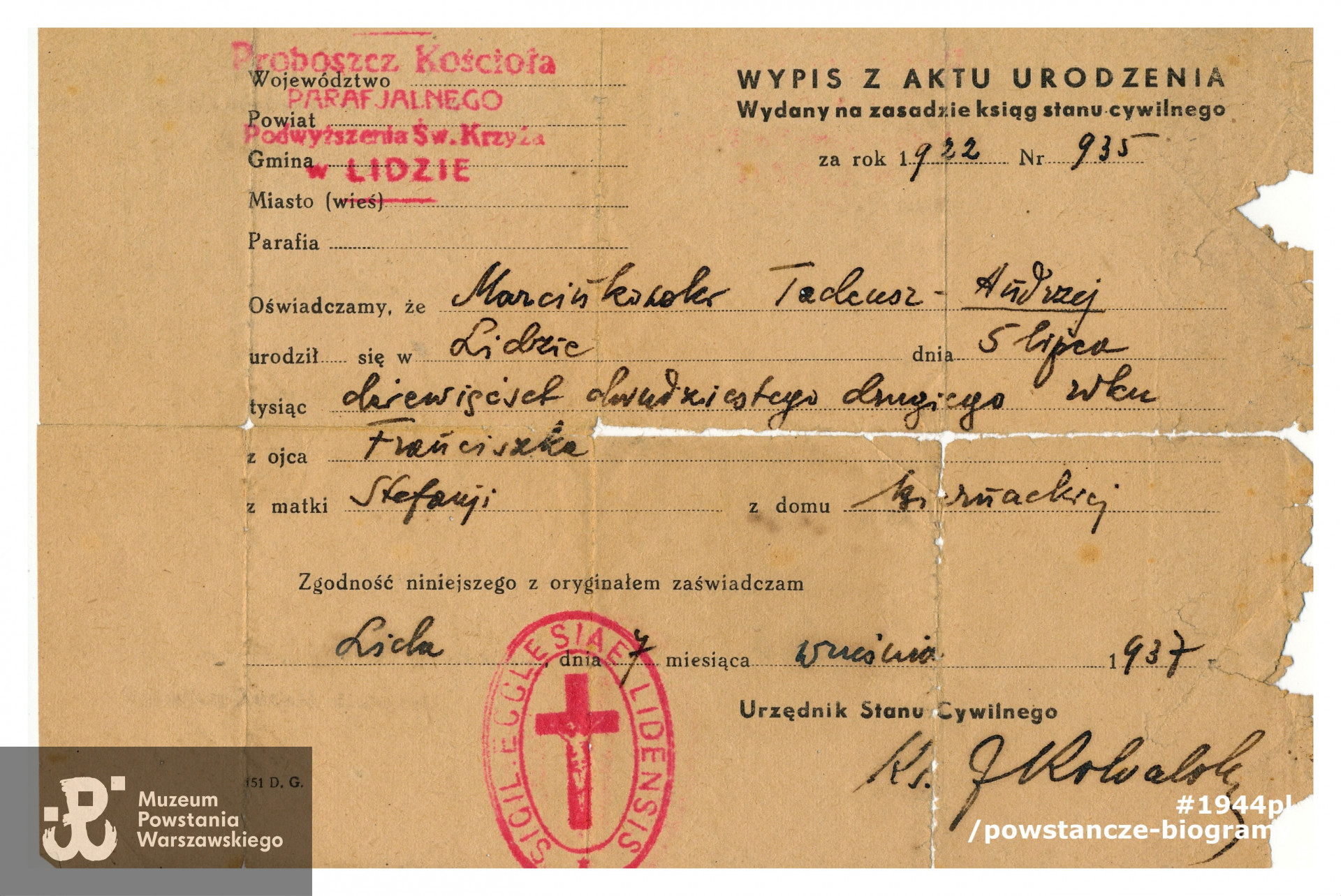 Wypis z aktu urodzenia wystawiony na nazwisko Tadeusz Andrzej Marcinkowski, urodzony 05.07.1922 w Lidzie, w okręgu wileńskim, syn Stefanii i Franciszka.