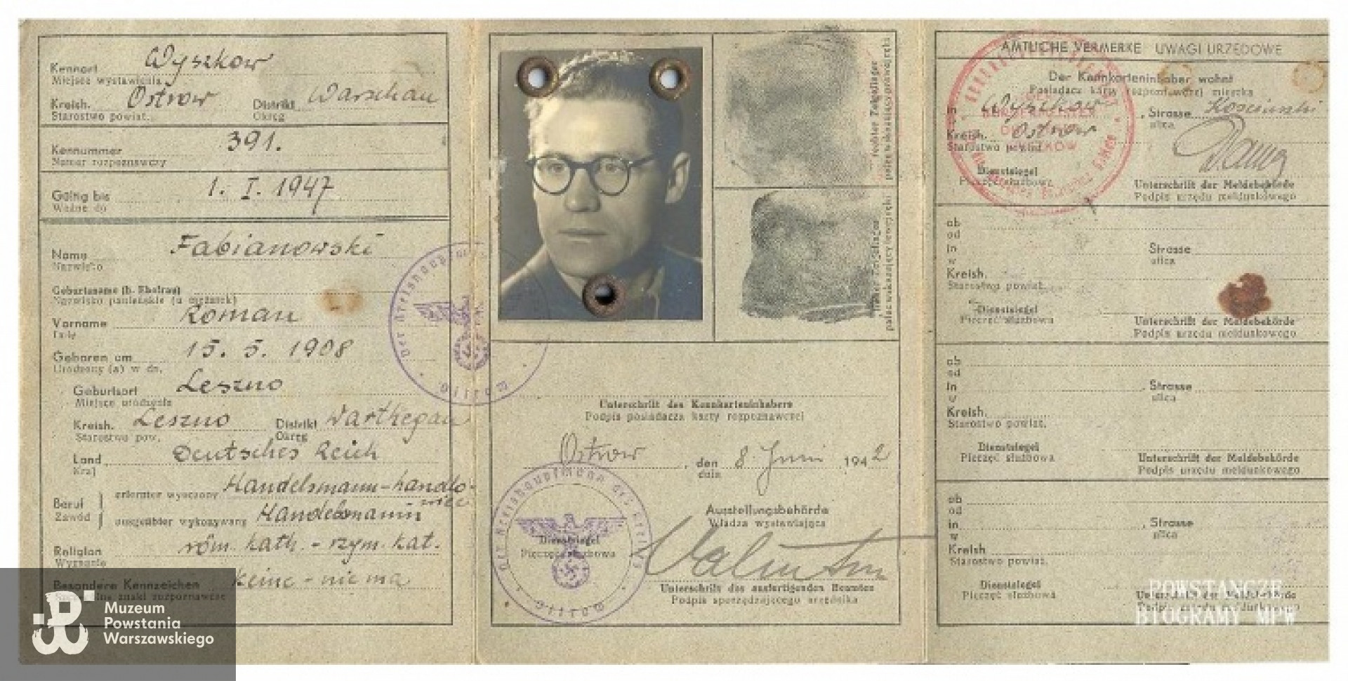 Okupacyjna kenkarta Kazimierza Fabisza wystawiona na fałszywe nazwisko "Roman Fabianowski". Fot. archiwum rodzinne