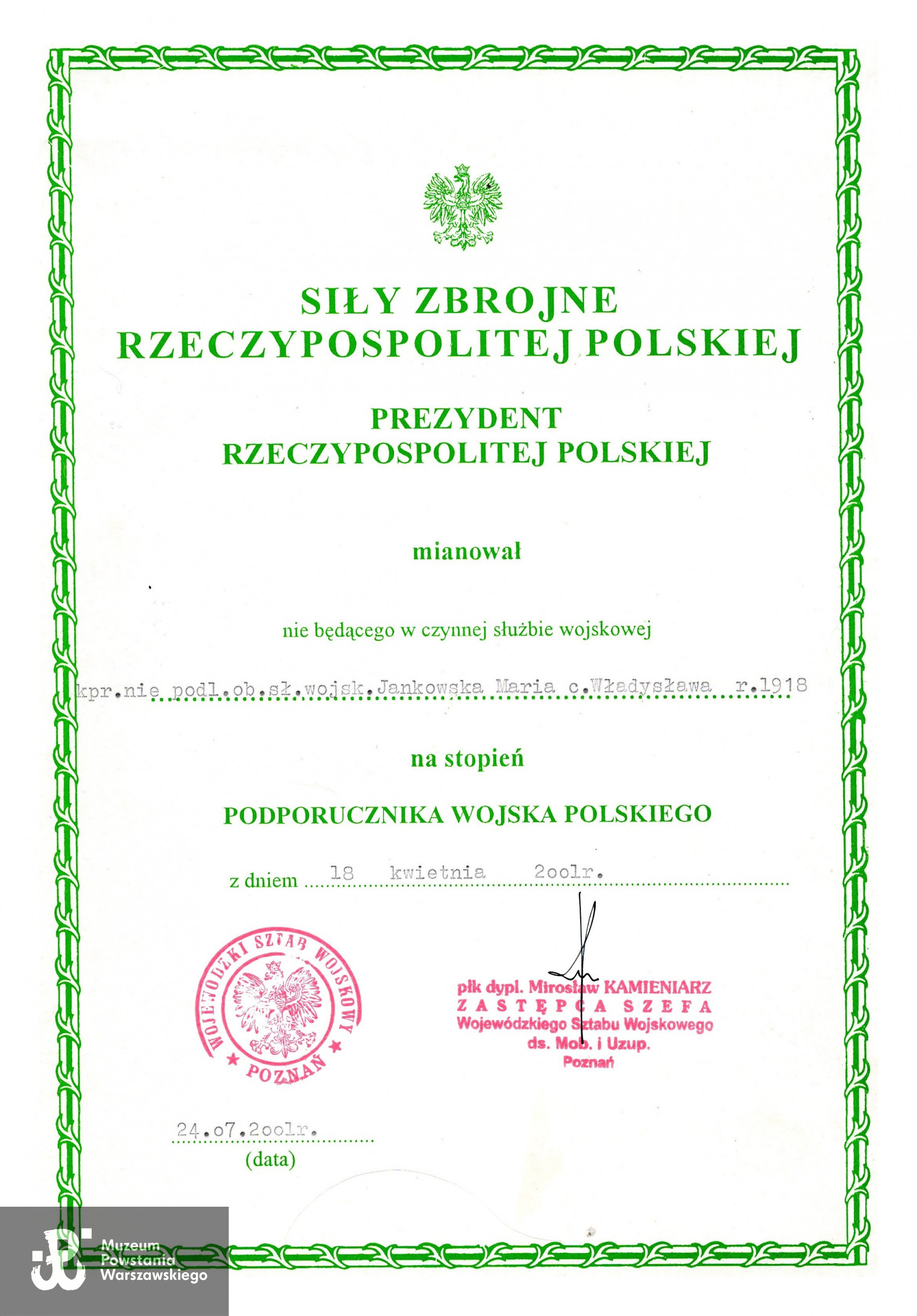 Nominacja na stopień podporucznika WP - 2001 rok. Skan udostępnił p. Tomasz Fudała