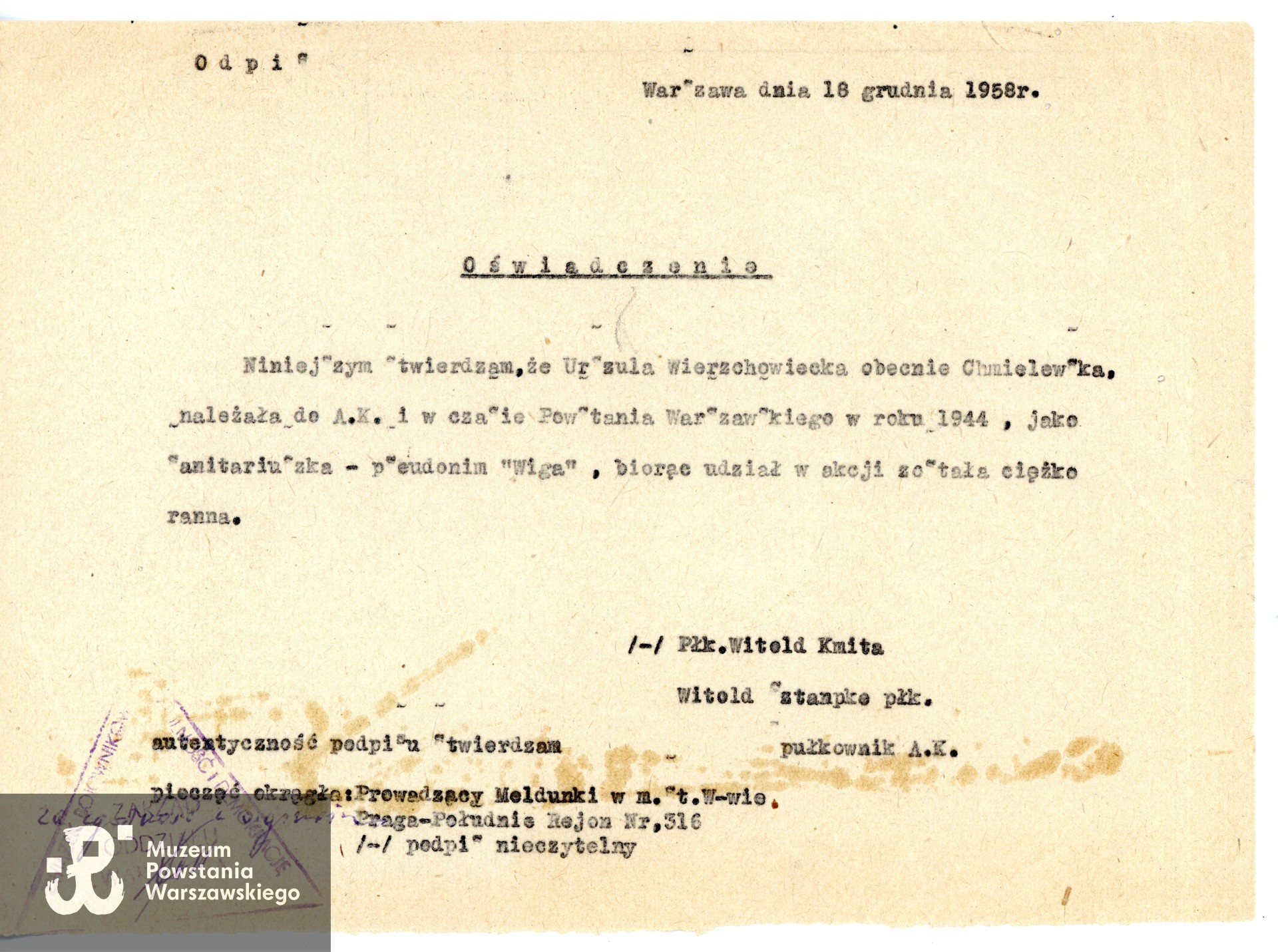 Odpis zaświadczenia płk. AK Witolda Sztompke ps. Kmita z 18.12.1958 r. Zbiory rodzinne Marka i Marcina Chmielewskich, skan wykonano w Muzeum Powstania Warszawskiego (11/2025)