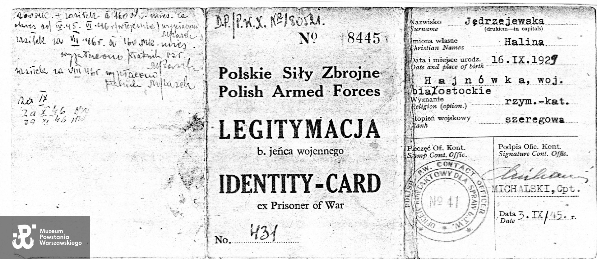 Źródło: Muzeum Powstania Warszawskiego, Teczki personalne uczestników Powstania Warszawskiego: Jędrzejewska - Chodzicka Halina Irena