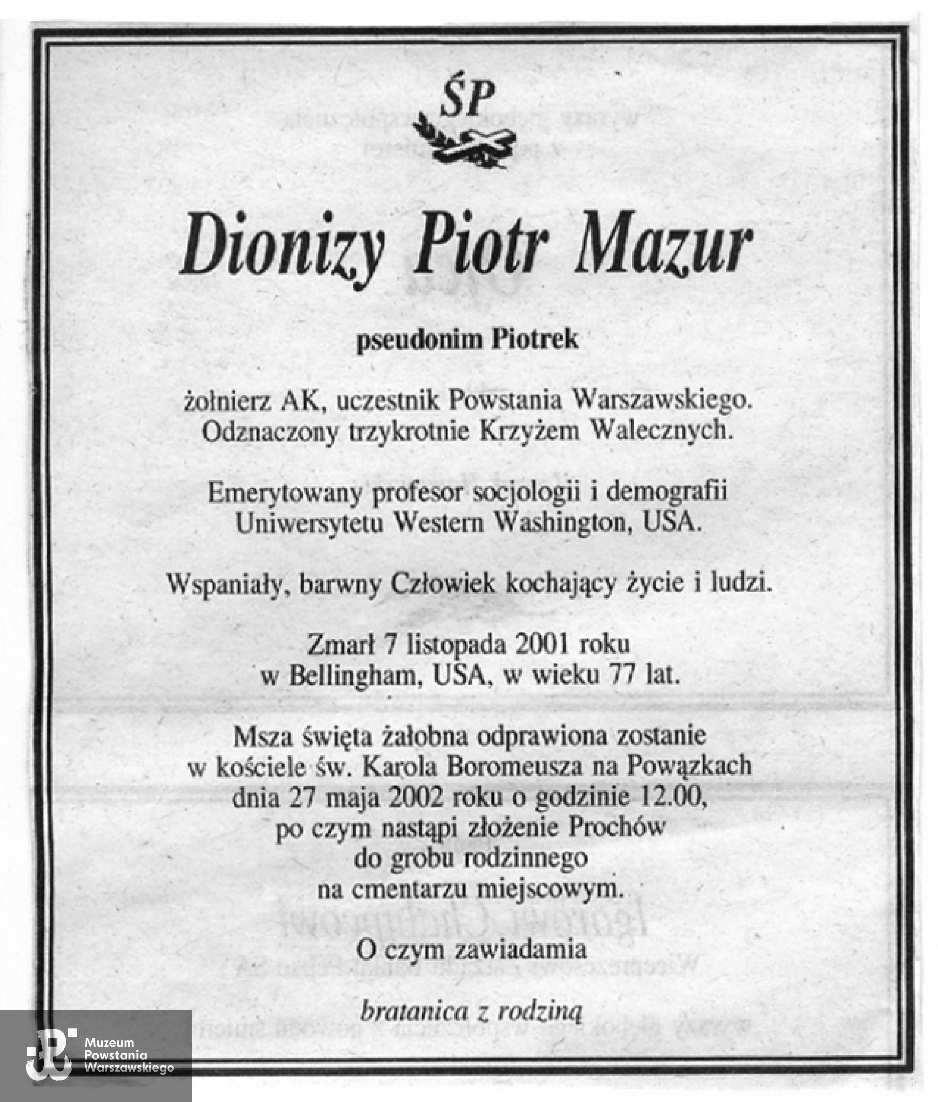 Nekrolog krajowy, zawiadomienie o pogrzebie w Warszawie