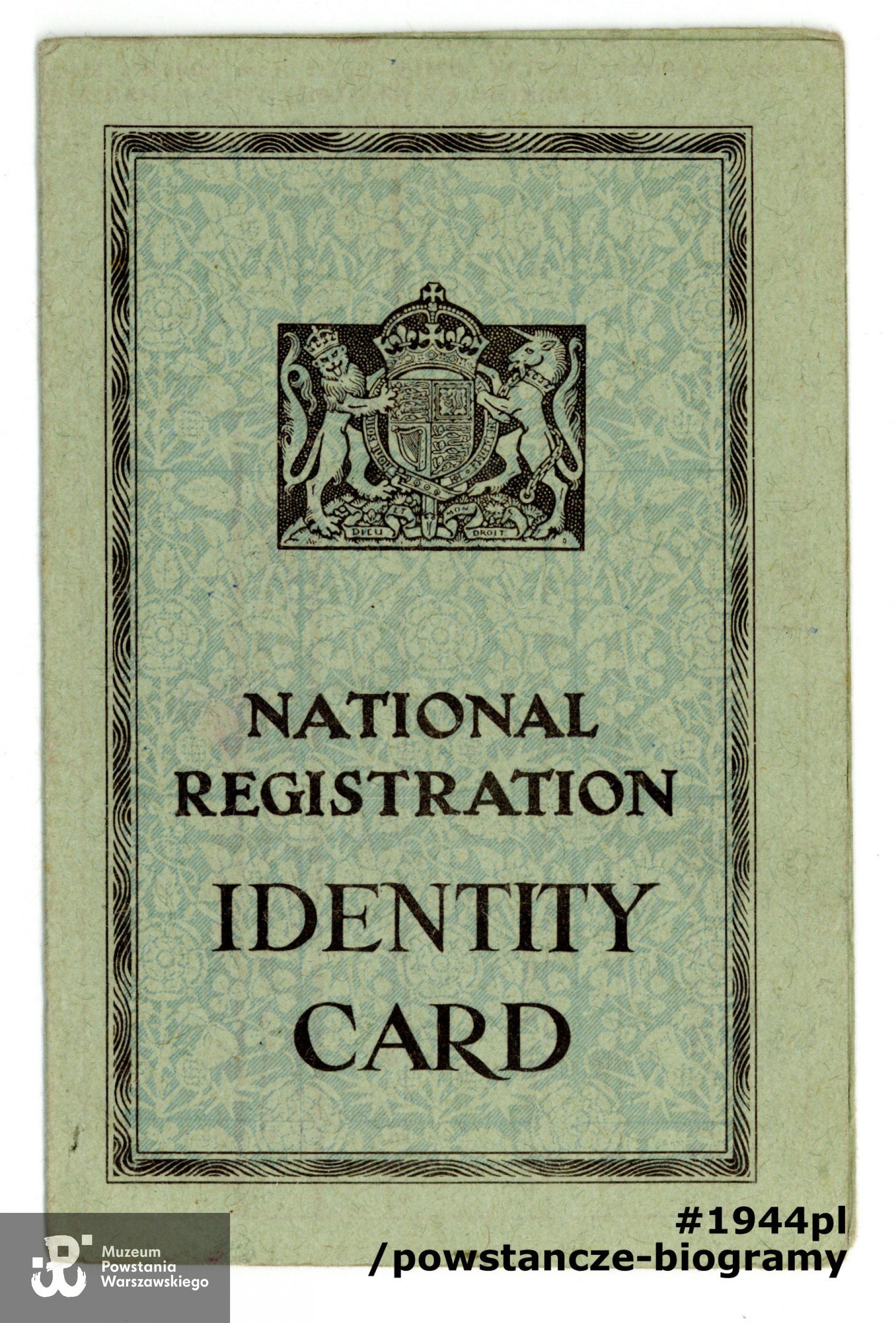 Dokument tożsamości (National Registration Identity Card) wystawiony na nazwisko Janina Z. Wiśniewska. Ze zbiorów Muzeum Powstania Warszawskiego sygn. P/7948/14, dar p. Krystyny Rachwał