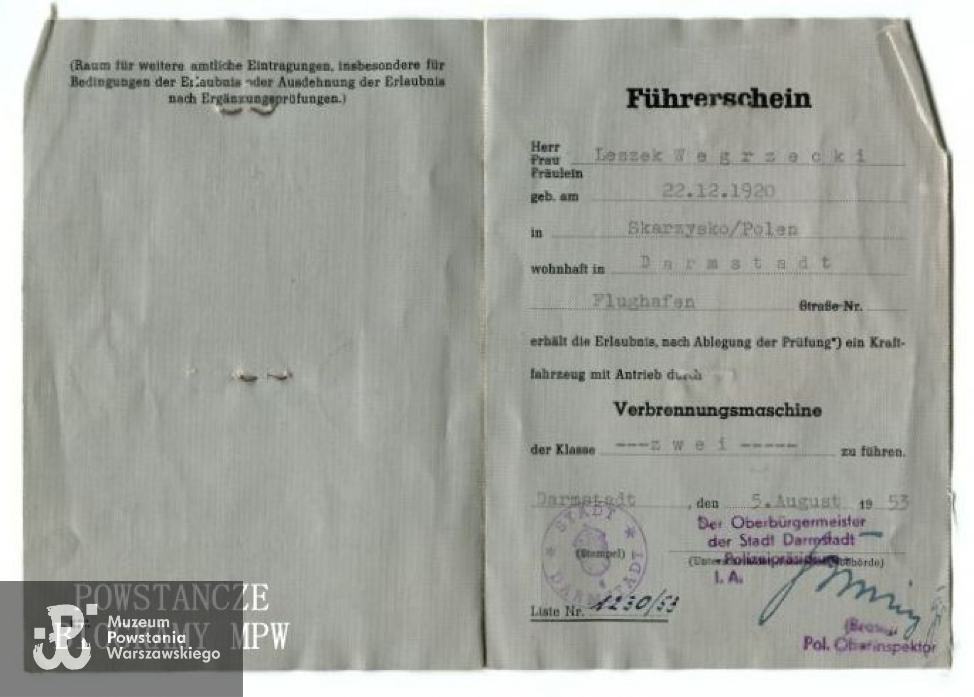 Prawo jazdy (niem. Führerschein) L. Węgrzyckiego z okresu okupacji. Fot. archiwum rodzinne