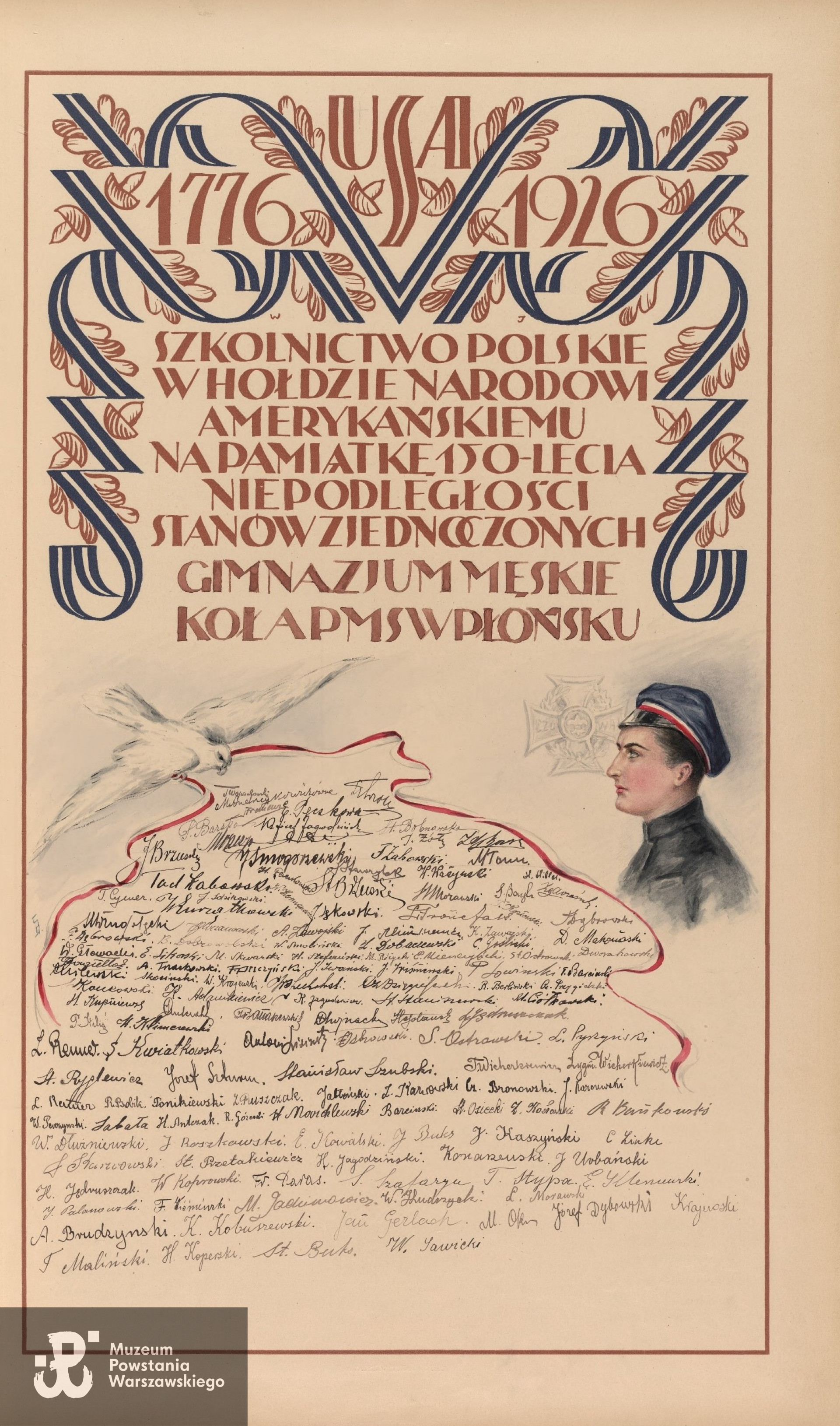 Podpis Jana Iwańskiego, wówczas  ucznia Gimnazjum Polskiej Macierzy Szkolnej w Płońsku  pod Deklaracją Podziwu i Przyjaźni dla Stanów Zjednoczonych - W 150. rocznicę ogłoszenia amerykańskiej Deklaracji Niepodległości naród polski postanowił podziękować narodowi amerykańskiemu za tę pomoc i między kwietniem a lipcem 1926 r. zebrano w całym kraju 5,5 miliona podpisów.  Delegacja II RP zawiozła do Waszyngtonu i złożyła na ręce prezydenta Calvina Coolidg'a 111 tomów z ponad 30 tysiącami stron, gdzie podpisy – od najwyższych władz państwowych po najmłodsze piszące dzieci – opatrzone były grafikami wybitnych polskich plastyków. Oryginał, złożony w Bibliotece Kongresu USA. Zonacz także: https://krakow.ipn.gov.pl/pl4/edukacja/przystanek-historia/99951,Autograf-przodka-w-holdzie-dla-narodu-amerykanskiego.html