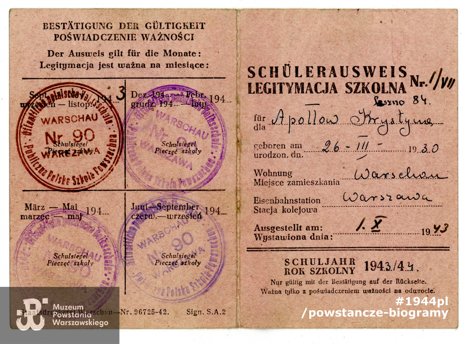 Należąca do Krystyny Apołłóny legitymacja szkolna (Schülerausweis) z okresu okupacji niemieckiej. Ze zbiorów rodzinnych p. Krystyny Krawieckiej.