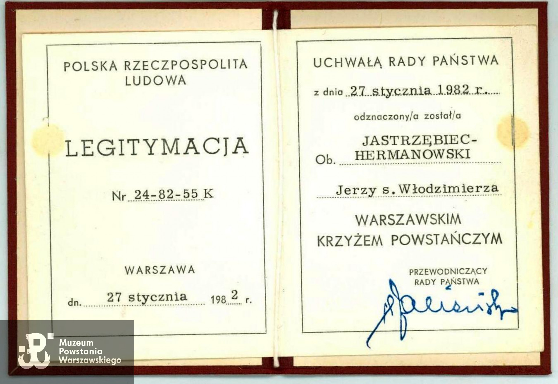 Należąca do Jerzego Hermanowskiego legitymacja odznaczeniowa - Warszawski Krzyż Powstańczy. Ze zbiorów rodzinnych p. Ewy Mączewskiej z domu Jastrzębiec - Hermanowskiej.