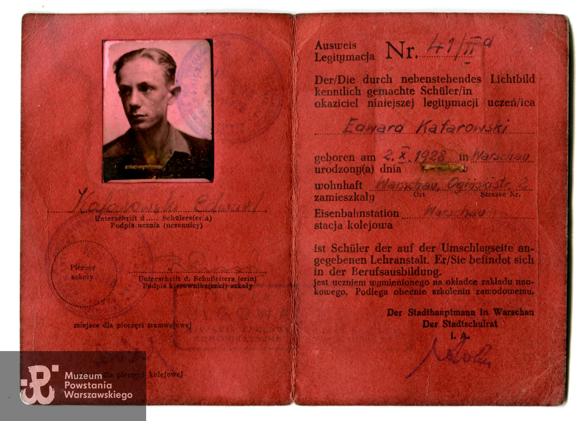 Schülerausweis Edwarda Kafarowskiego. Skan: materiały do Słownika Uczestników PW - zasób Pokoju Kombatanta MPW