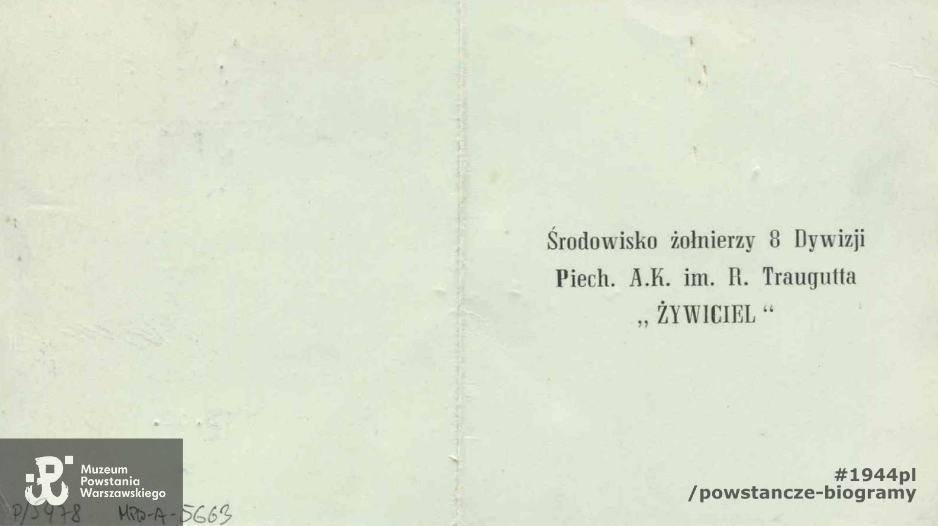 Legitymacja członkowska Środowiska Żołnierzy 8 DP AK im. Romualda Traugutta - "Żywiciel". Zbiory Muzeum Powstania Warszawskiego, sygn. MPW-A/5663 (P/5478).