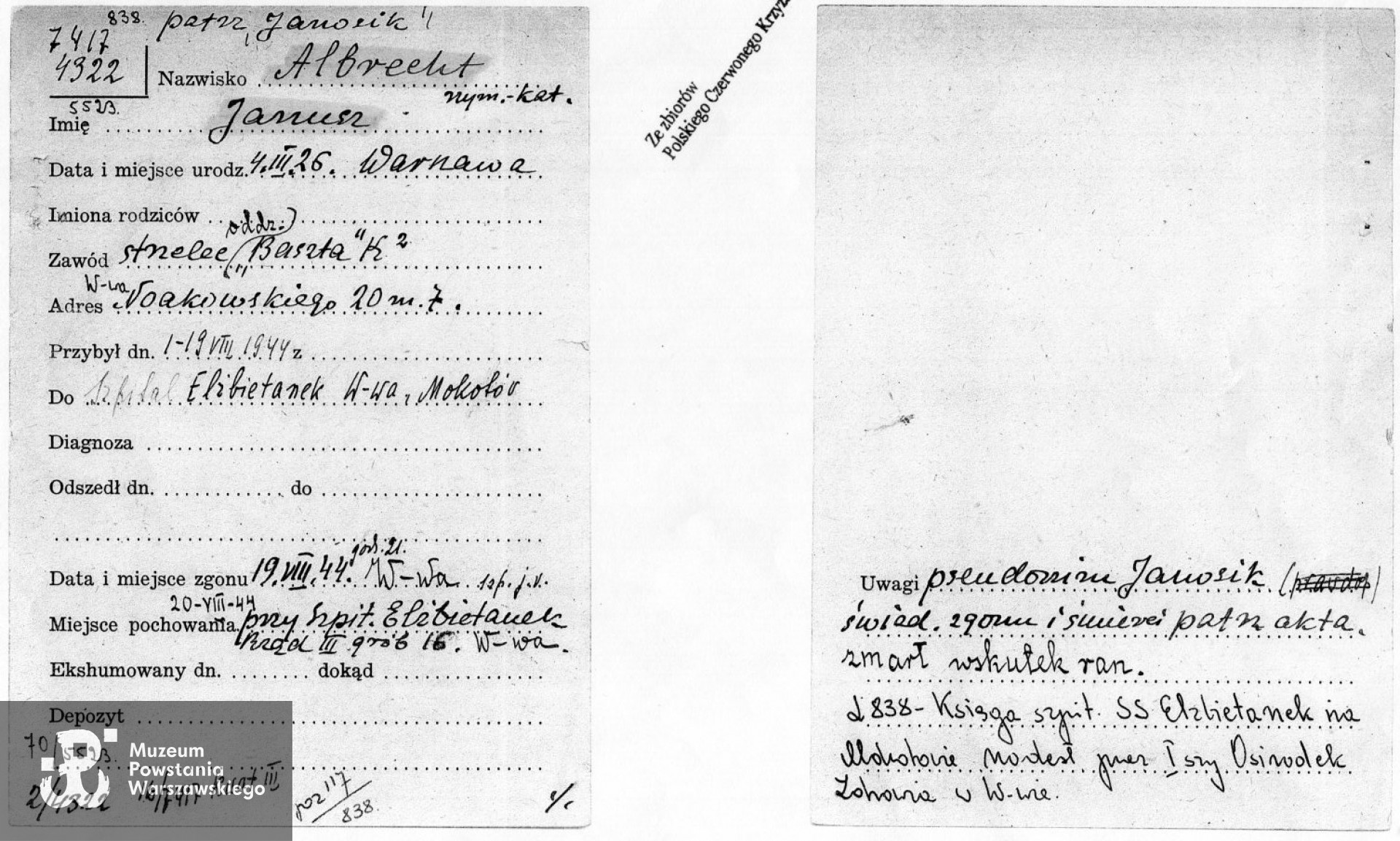 Polski Czerwony Krzyż - kartoteka ogólna, w karcie podana data śmierci - 19 sierpnia 1944. 