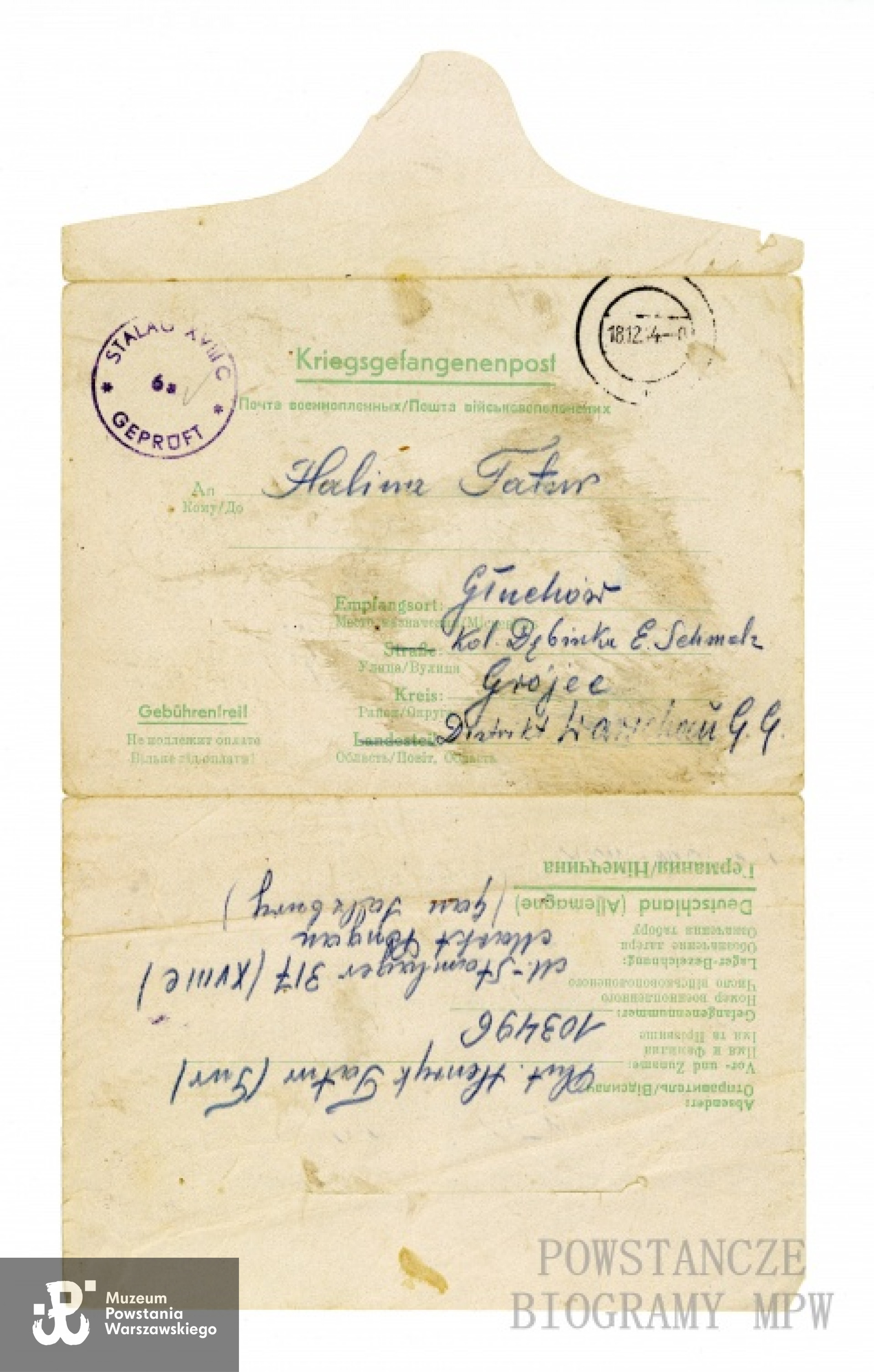 I list napisany do rodziny z obozu jenieckiego. Fot. z archiwum rodzinnego Andrzeja Tatura