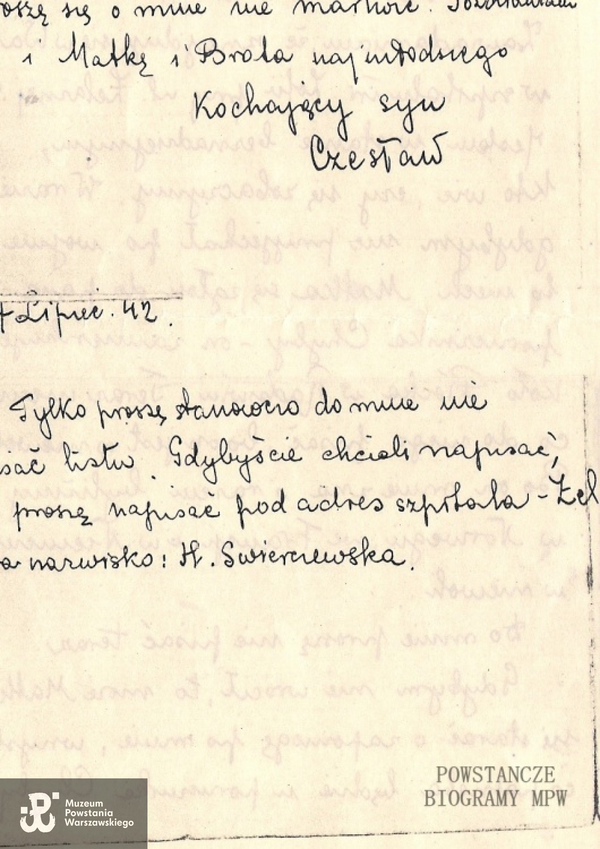 List Czesława do matki pisany w lipcu 1942 r. Z archiwum rodzinnego Karoliny Wichrowskiej