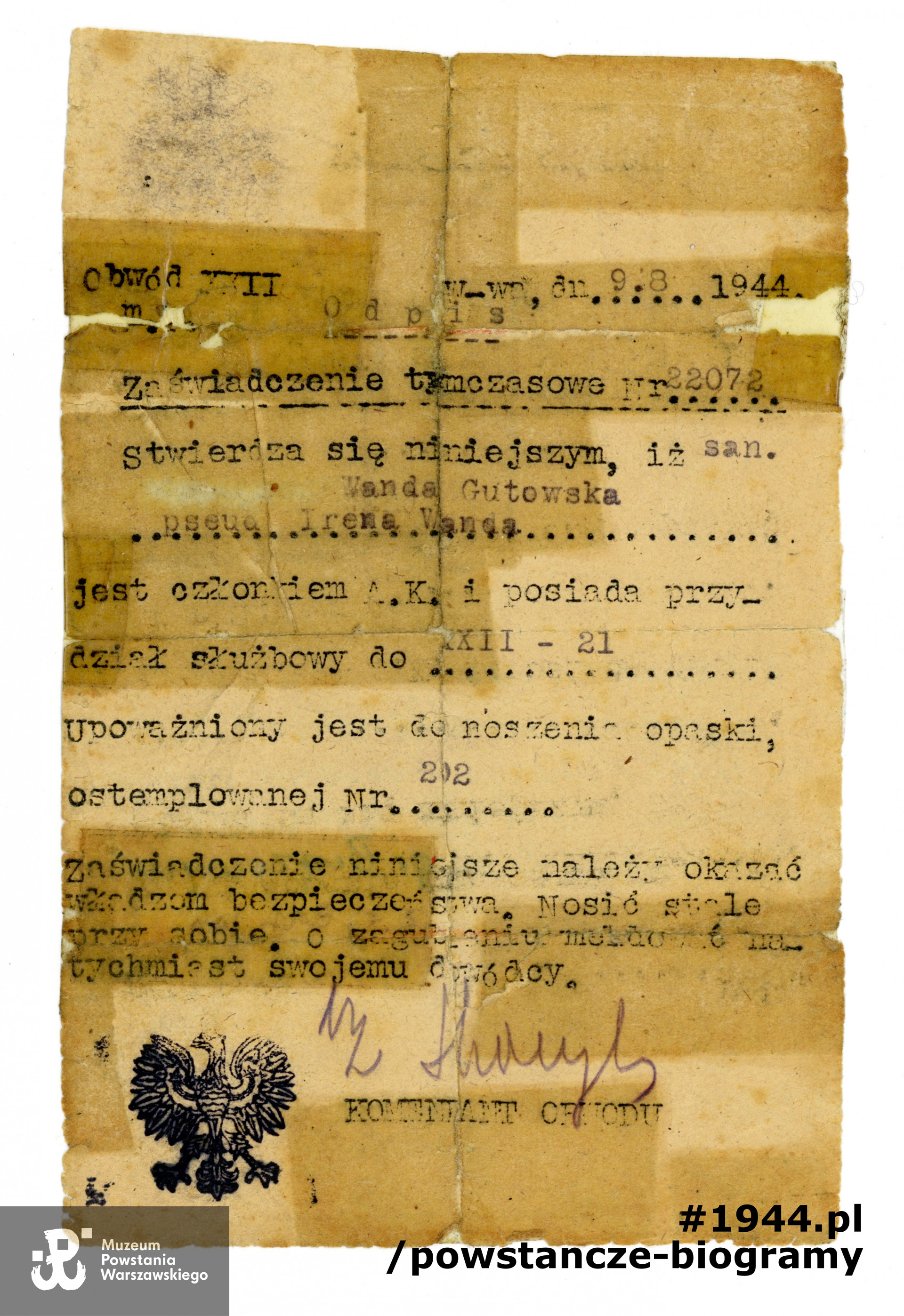 Wystawione dla Wandy Gutowskiej zaświadczenie Tymczasowe XXII Obwodu "Żywiciel".Dokument ze zbiorów Muzeum Powstania Warszawskiego.
