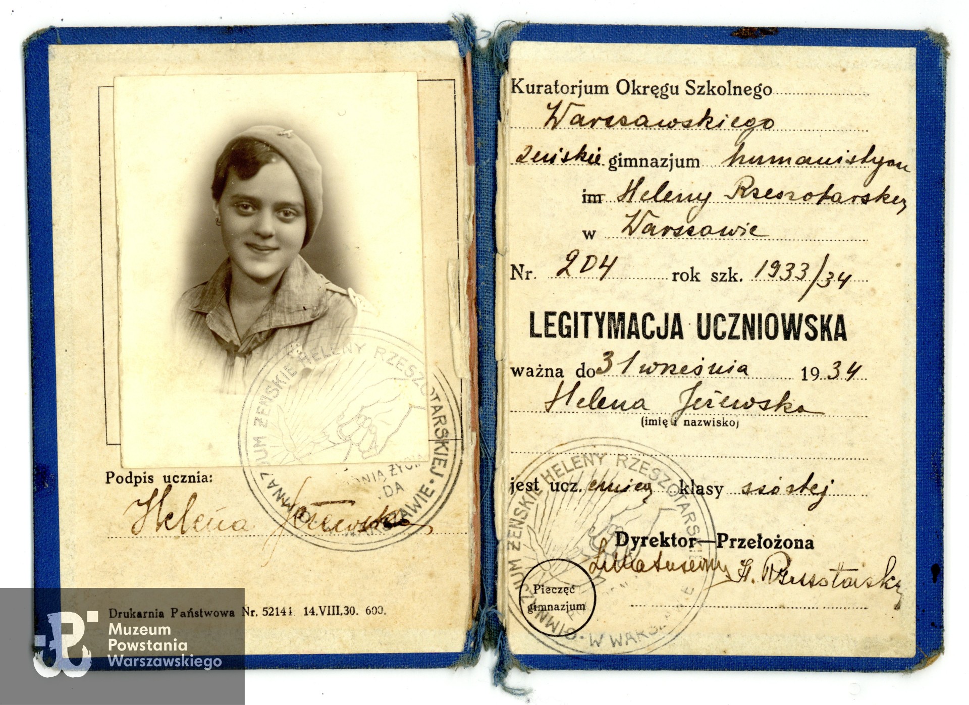 Należąca do Heleny Jeżewskiej legitymacja uczniowska, 1934 rok. Ze zbiorów prywatnych p. Krystiana Manukyana, skan wykonano w Muzeum Powstania Warszawskiego, 10/2025