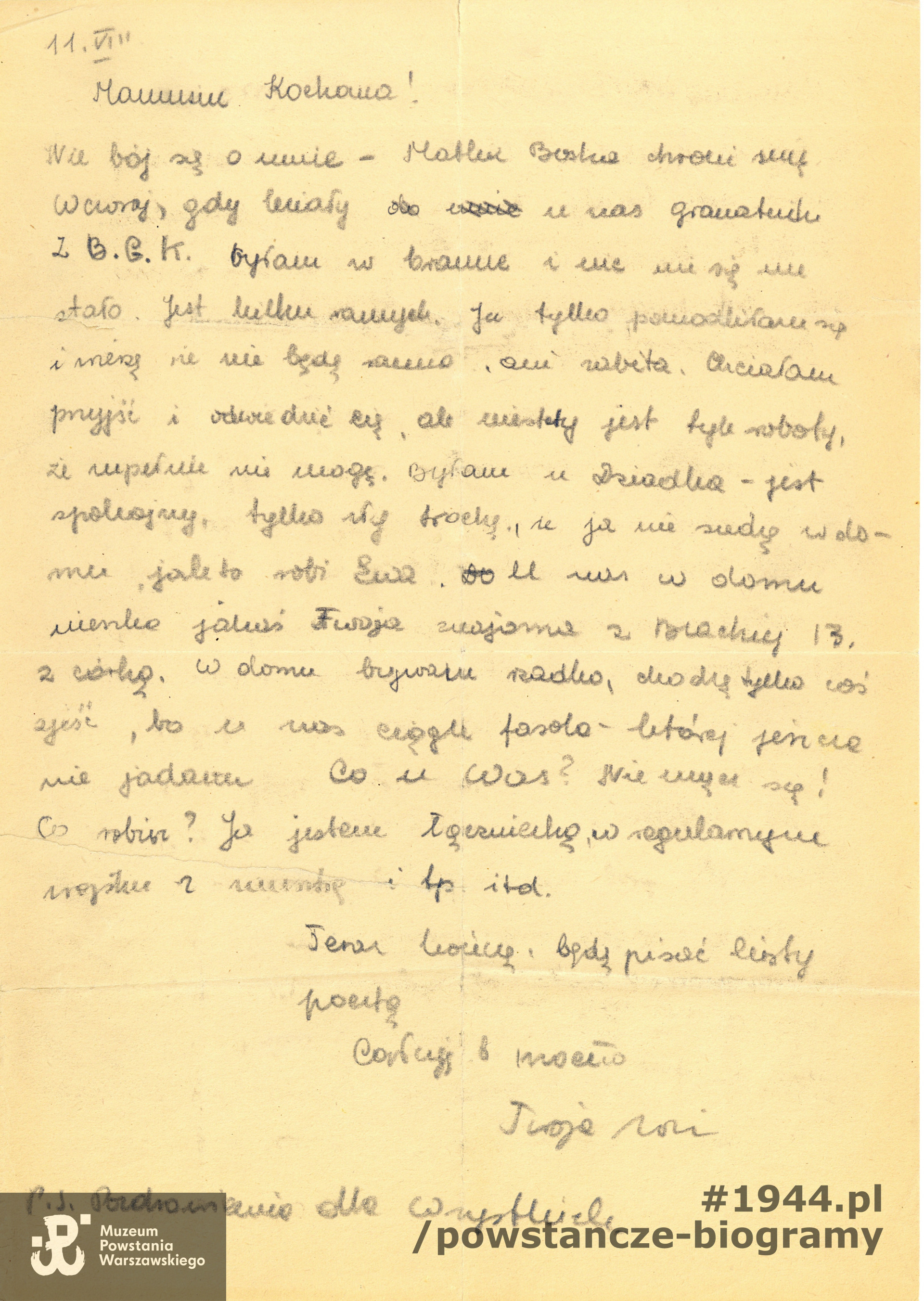 List do matki pisany przez Zofię podczas Powstania Warszawskiego. Ze zbiorów Muzeum Powstania Warszawskiego, sygn.  MPW-A/1122 (P/197)