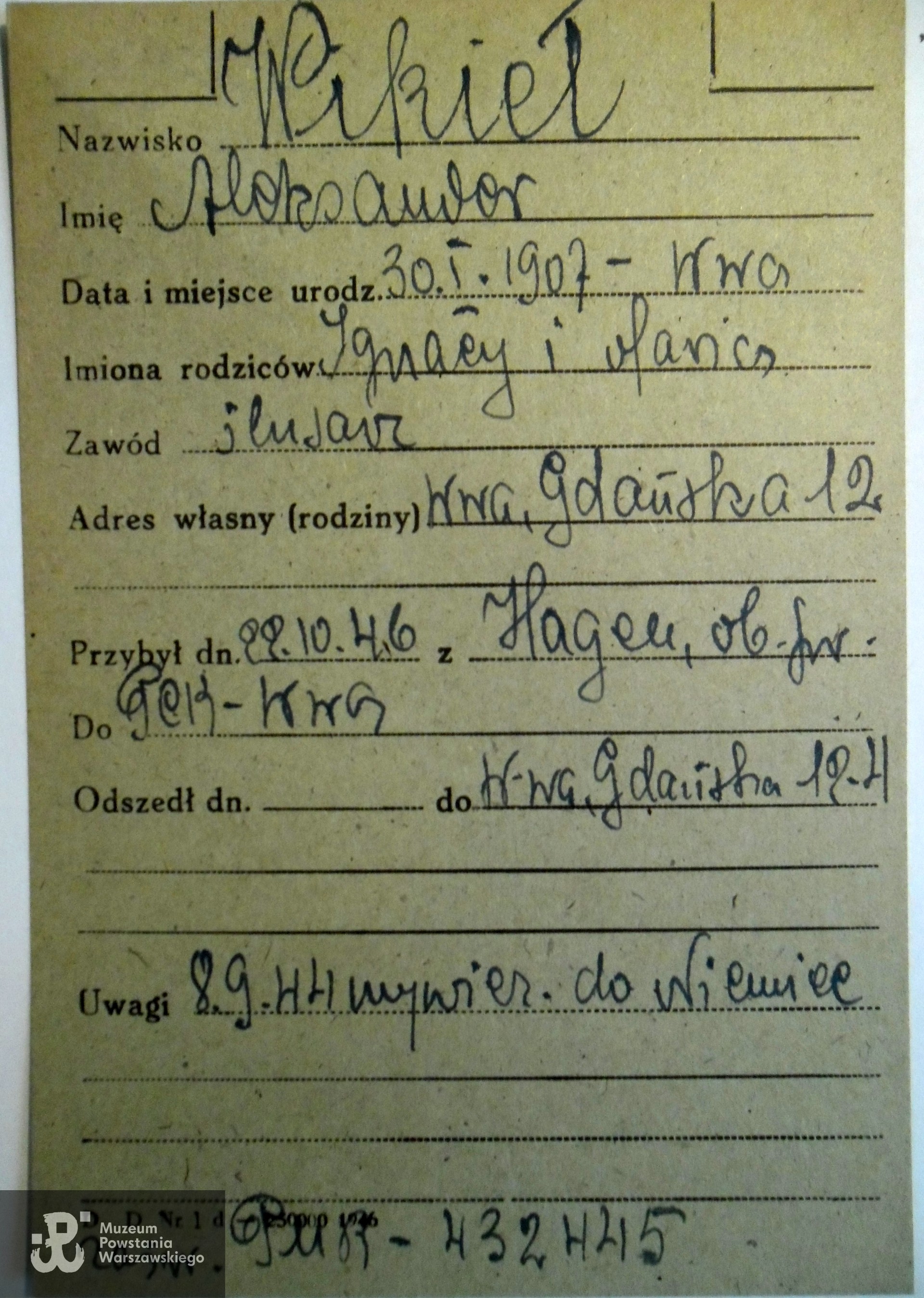 Polski Czerwony Krzyż - kartoteka ogólna poszukiwań, tutaj zapis nazwiska Wikieł