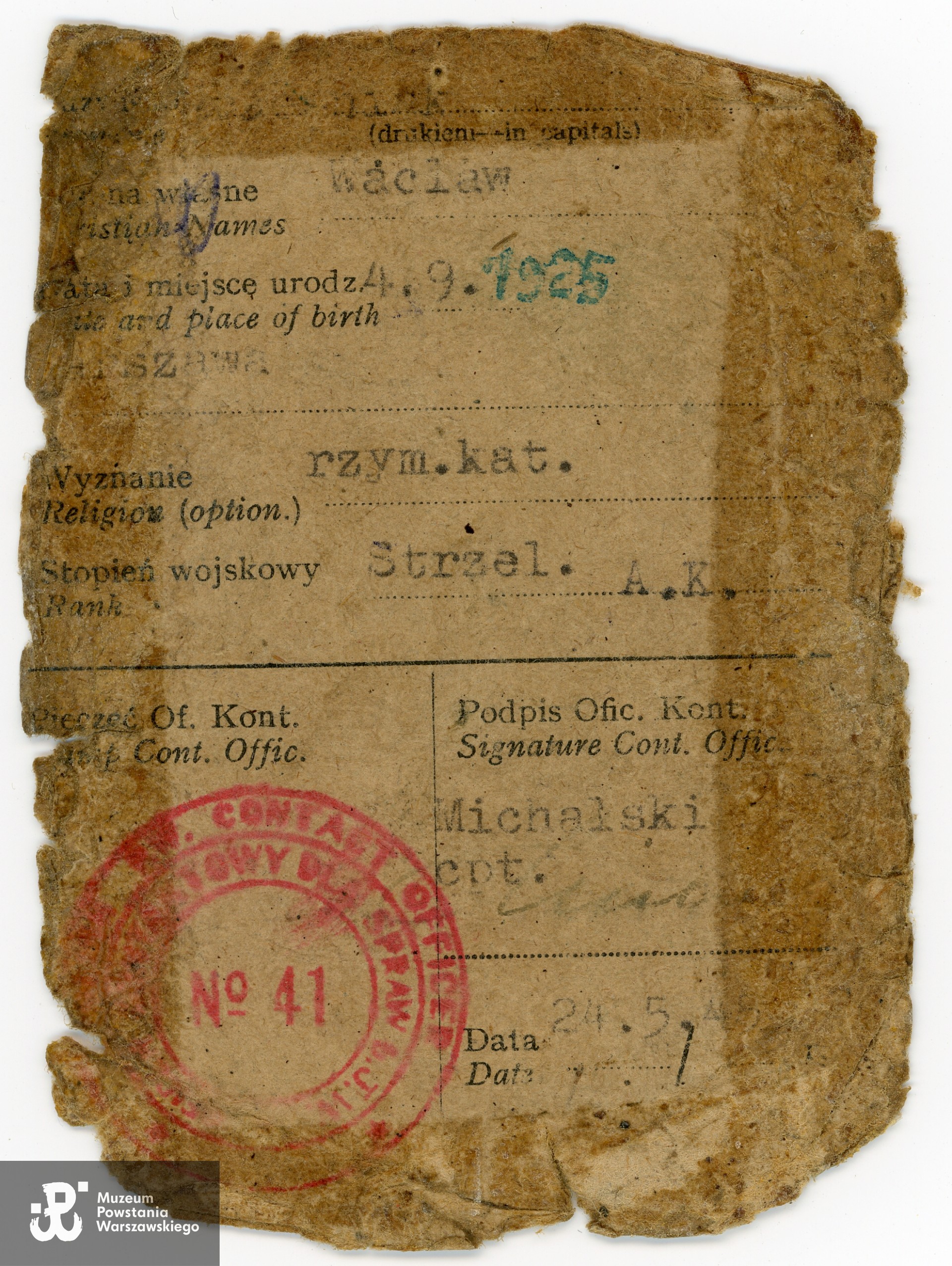 Fragment należącej do Wacława Krześniaka Legitymacji Byłego Jeńca Wojennego. Skan udostępnił p. Jan Zdrojek