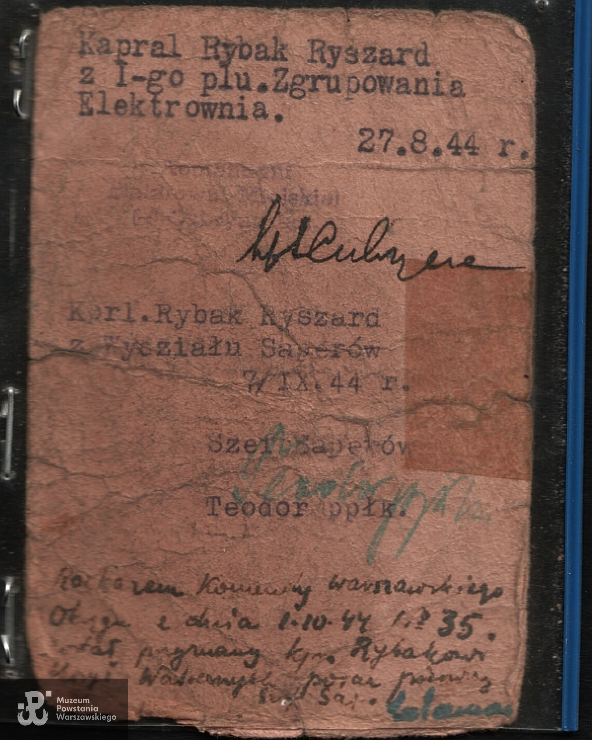 Powstańcza legitymacja kpr. "Rybaka"