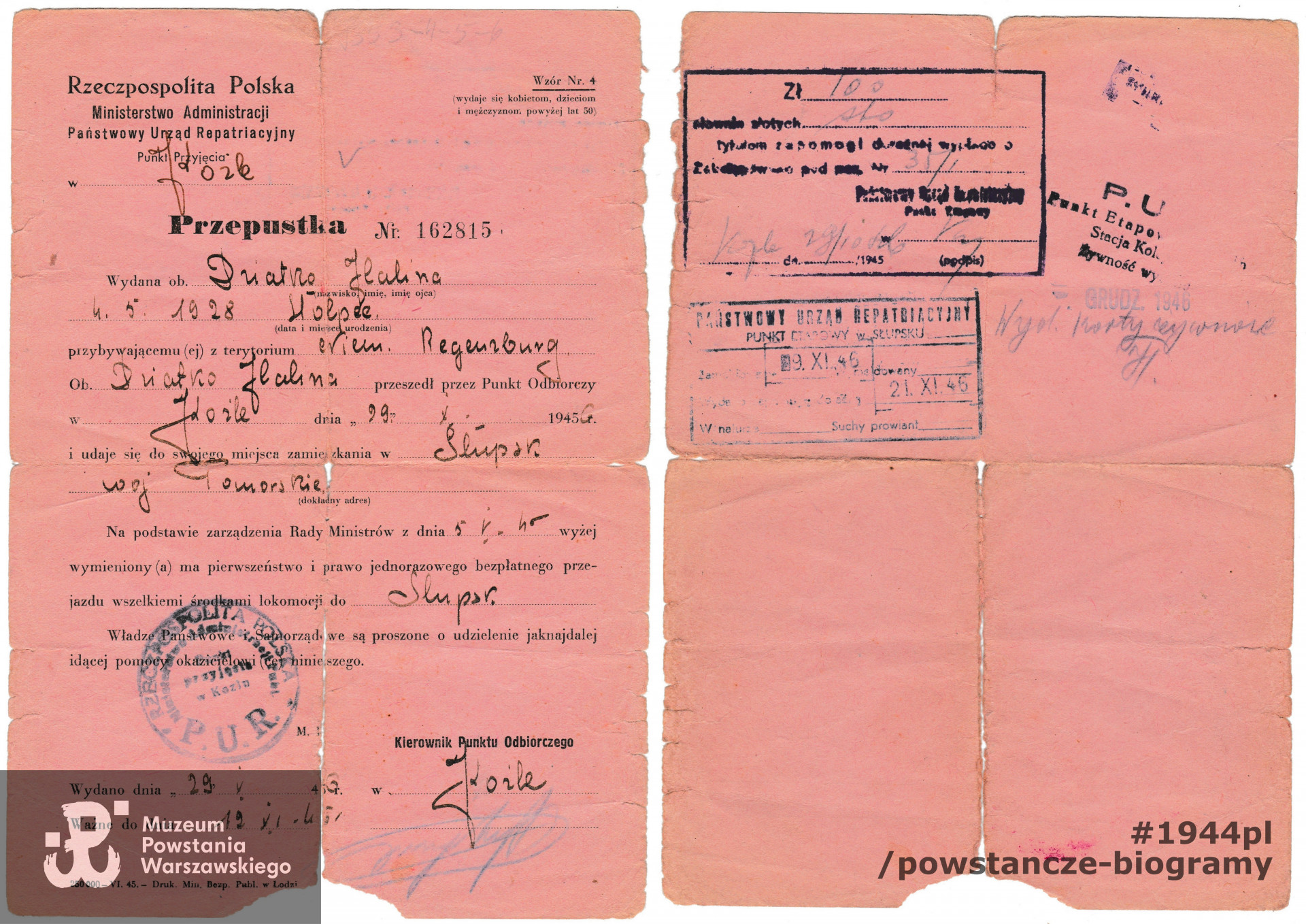 Zaświadczenie Państwowego Urzędu Repatriacyjnego. Ze zbiorów rodzinnych prof.  Haliny Strzeleckiej z d. Dziatko