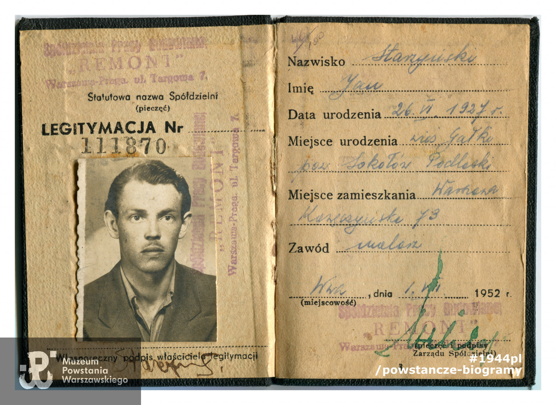 Legitymacja statutowa Spółdzielni "Remont". Dokument  z archiwum rodzinnego p. Iwony Powierzy