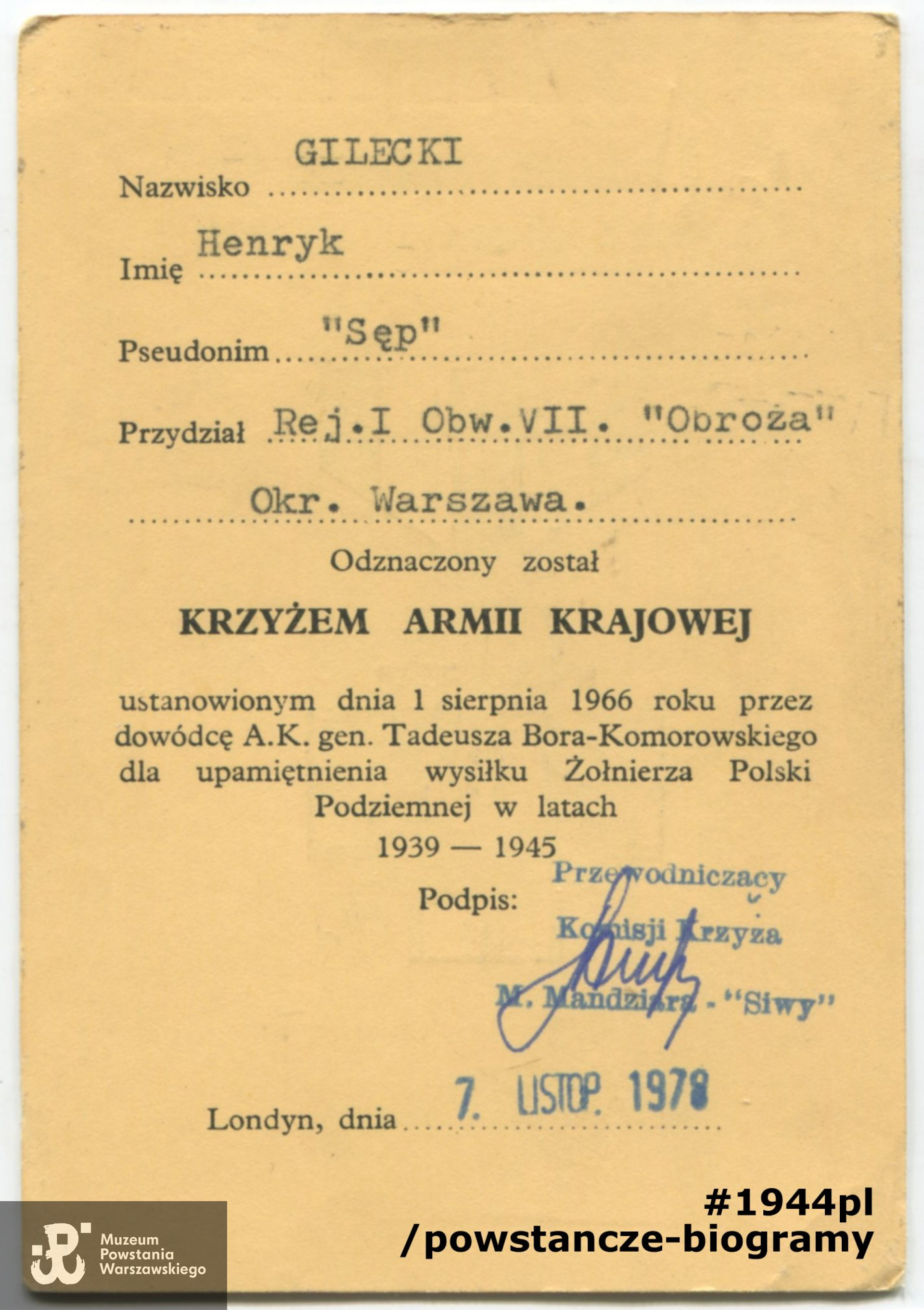 Legitymacja Krzyża Armii Krajowej. Skan: materiały do Słownika Biograficznego Uczestników PW gromadzone przez Pokój Kombatanta MPW