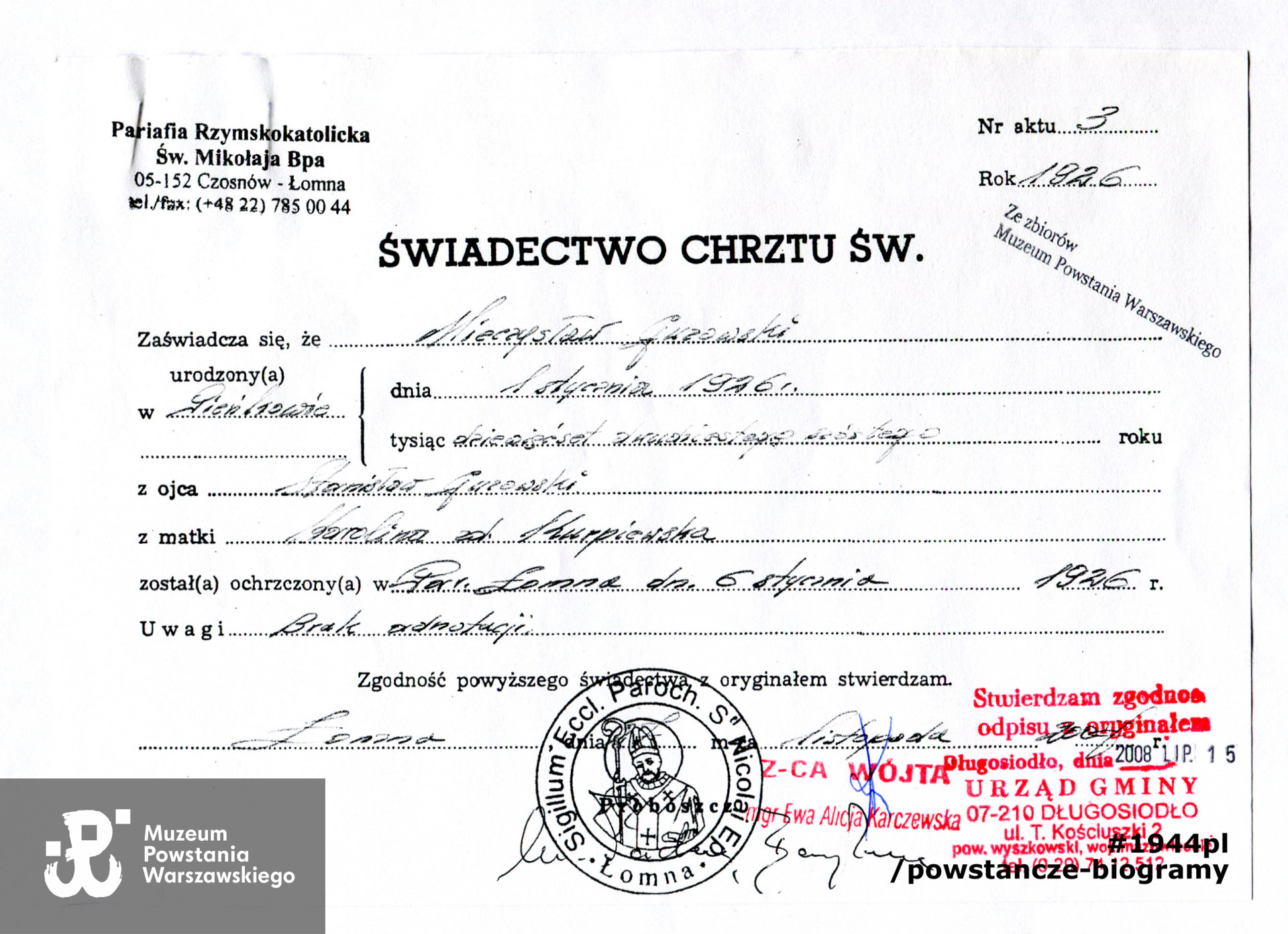 Kopia świadectwa chrztu Mieczysława Guzowskiego. Kserokopię do  teczki M. Guzowskiego udostępnił p. Władysław Guzowski, przyrodni brat Powstańca.