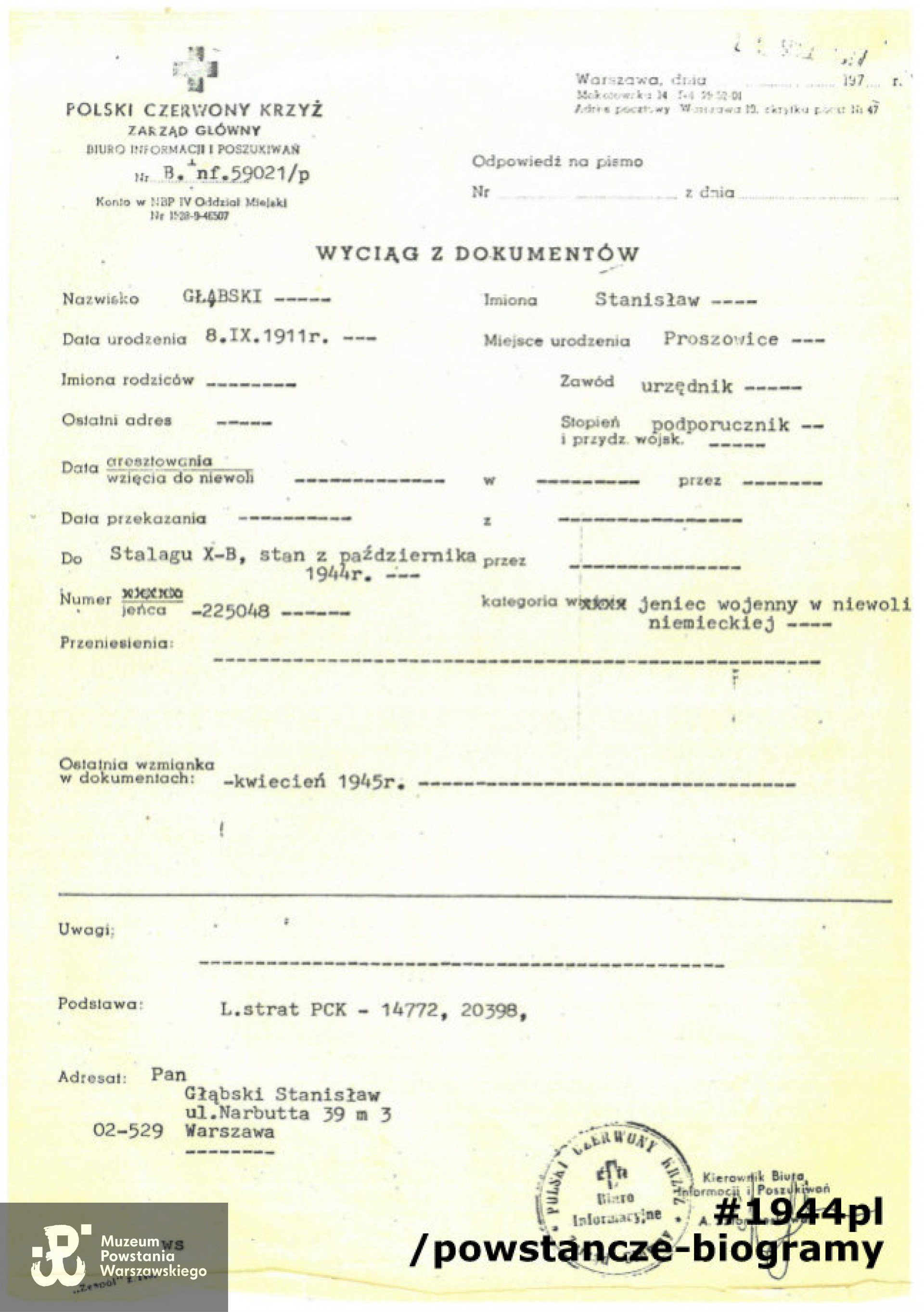 Zaświadczenie PCK. Z  archiwum rodzinnego p. Piotra Głąbskiego, syna