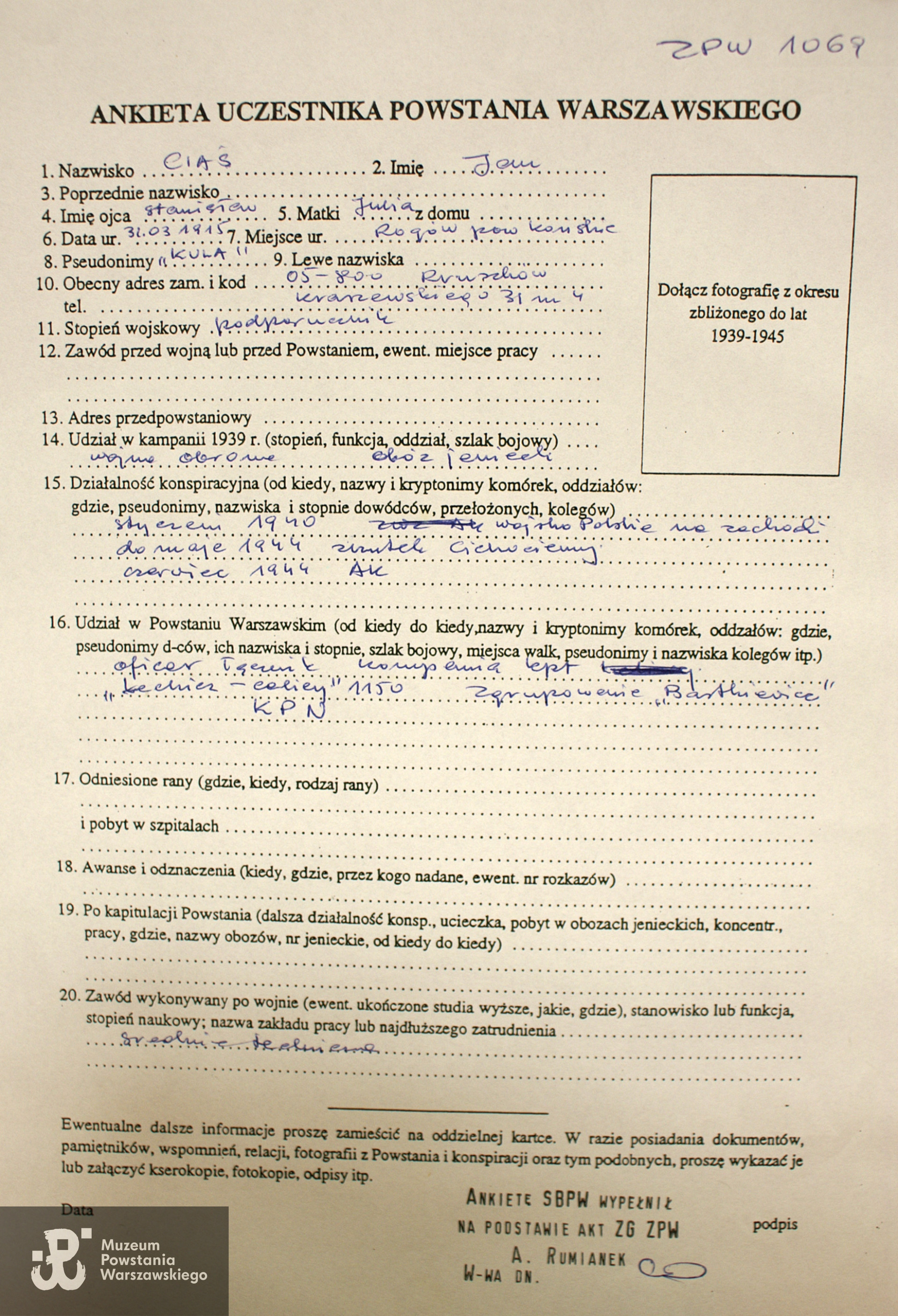 Ankieta Uczestnika PW - materiały ZG Związku Powstańców Warszawskich, AAN