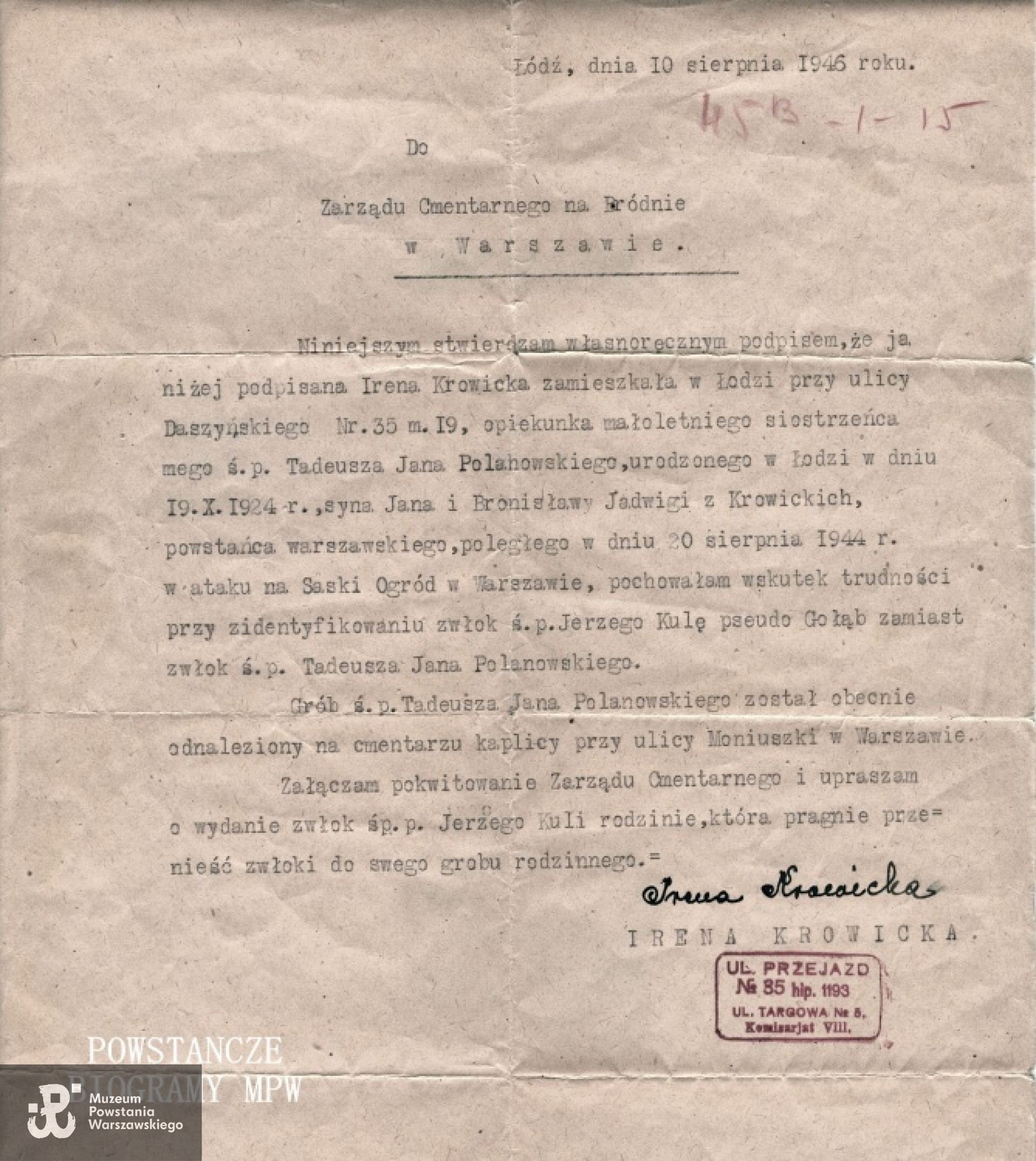 List opiekunki Tadeusza - Ireny Krowickiej do Zarządu Cmentarza Bródnowskiego w sprawie pomyłki  przy ekshumacji Tadeusza i Jerzego Kuli ps. "Gołąb". Fot. Ewa Soluch-Kula, archiwum prywatne