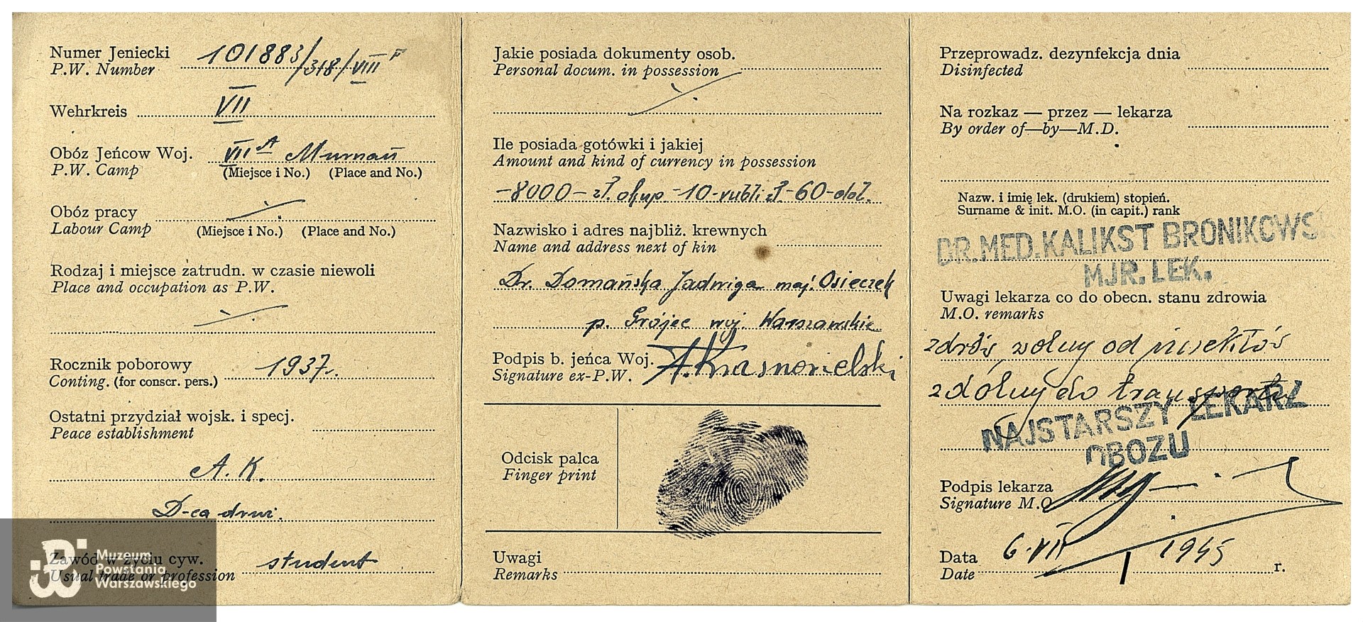 Legitymacja byłego  jeńca wojennego wystawiona na nazwisko Antoni Feliks Krasnosielski. Ze zbiorów Muzeum Powstania Warszawskiego, P/8894/17, sygn. MPW-A/12177