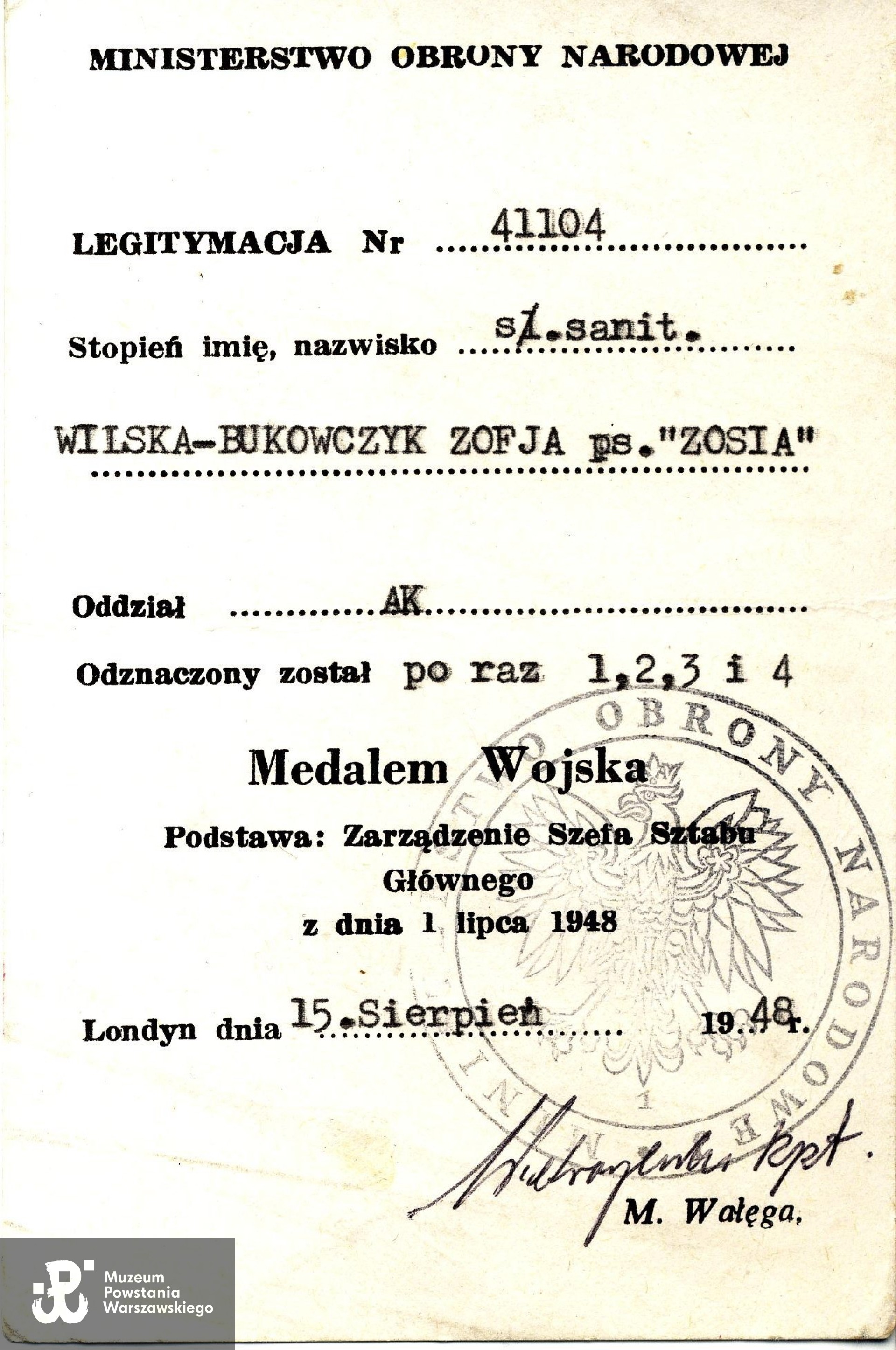 Legitymacja odznaczeniowa - Medal Wojska. Ze zbiorów rodzinnych, skan udostępniła p. Zofia Jachymska, córka Zofii Wilskiej-Bukowczyk
