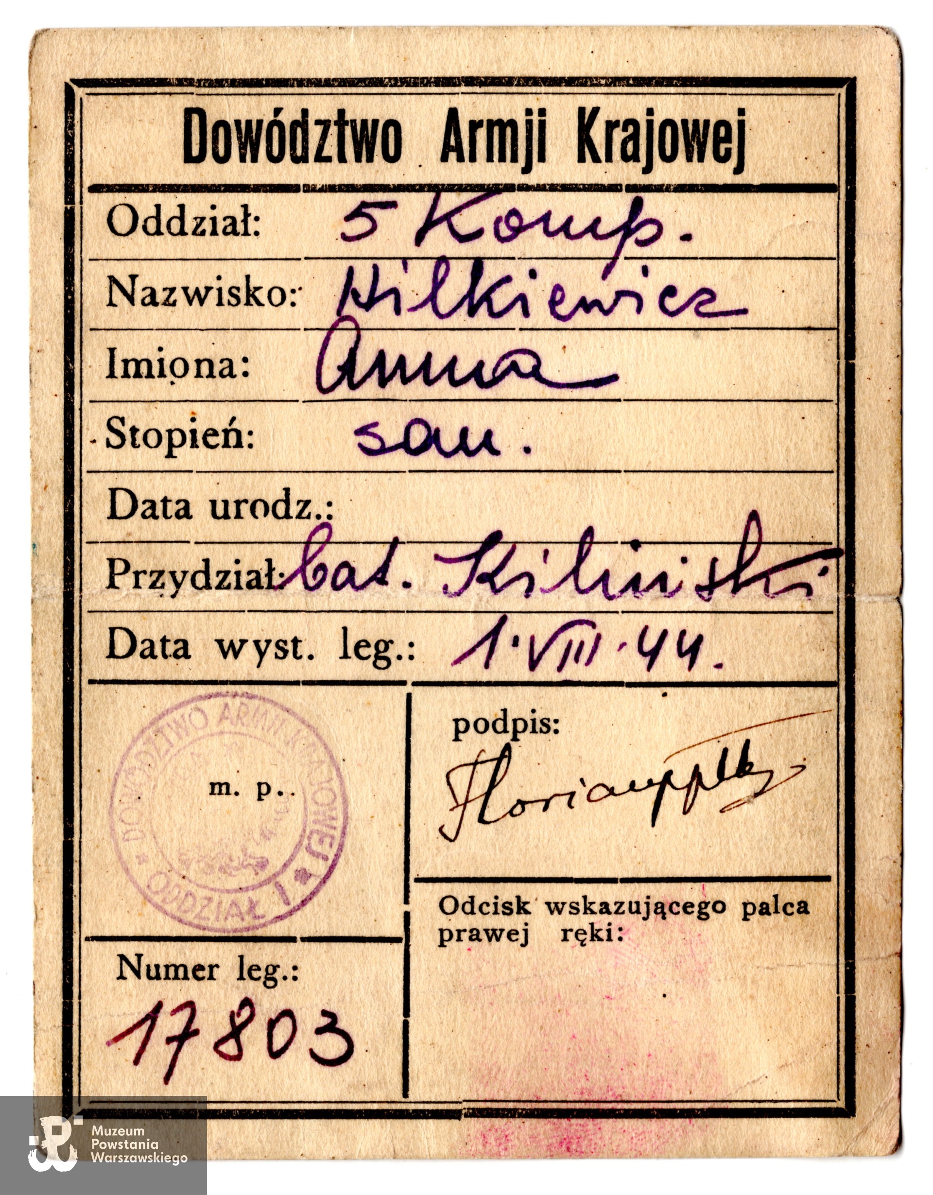 Należąca do Anny Hilkiewicz legitymacja AK.  Dokument ze zbiorów rodzinnych, udostępniła p. Małgorzata Sielska-Piątkowska, siostrzenica. Skany wykonano w Dziale Kombatanta, 08/2024